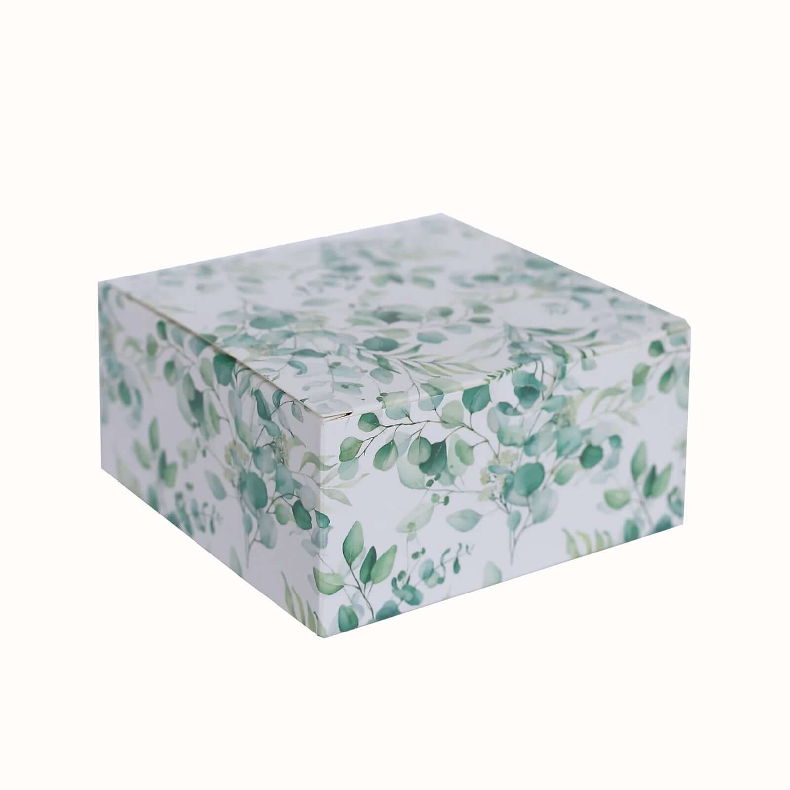 25-Pack White & Green Eucalyptus Print Cardstock Party Favor Boxes - 4x4x2, Ideal for Various Occasions