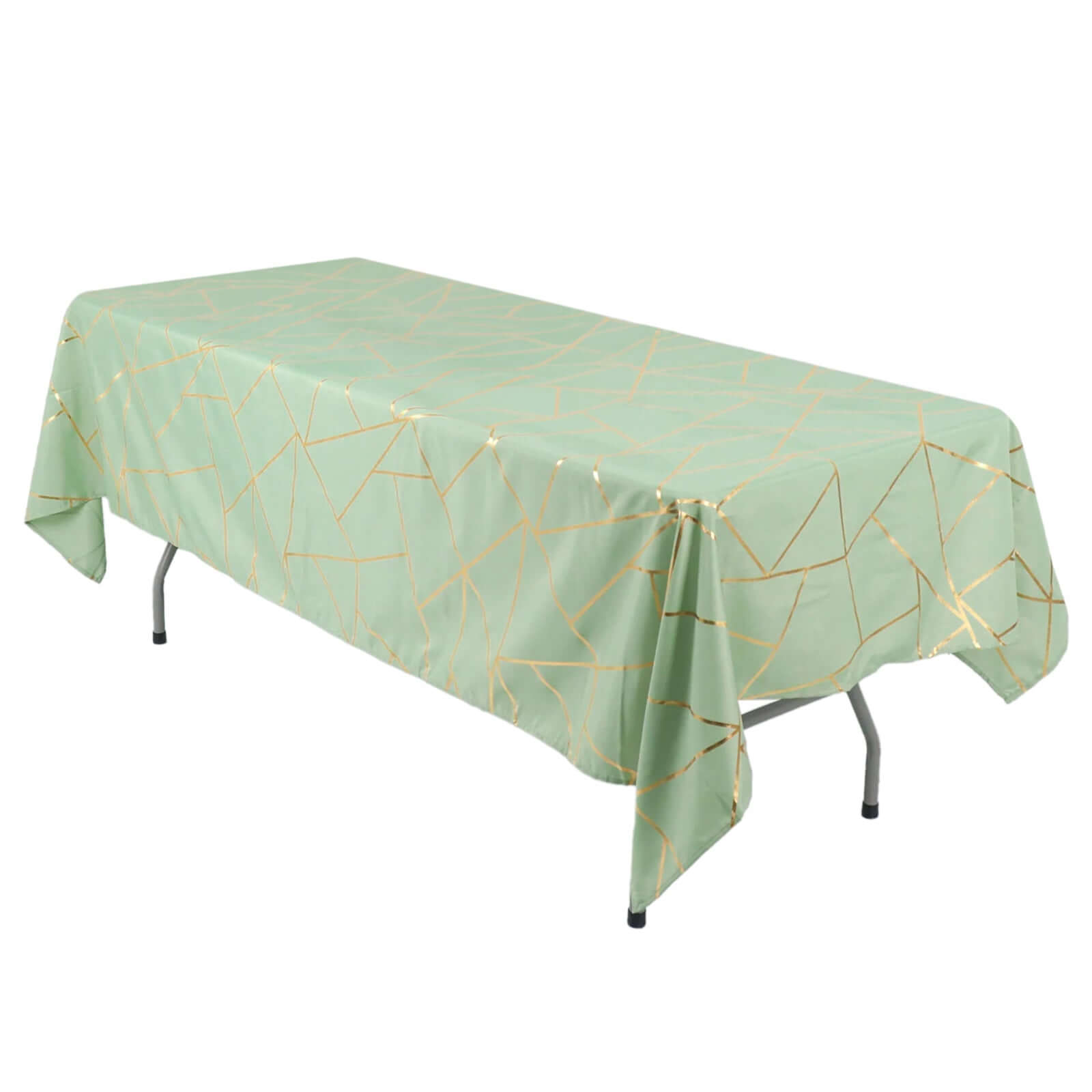 Hot Sale! Wrinkle-Resistant & Durable Polyester Rectangle Tablecloth in Sage Green with Gold Foil Geometric Design (60x102)