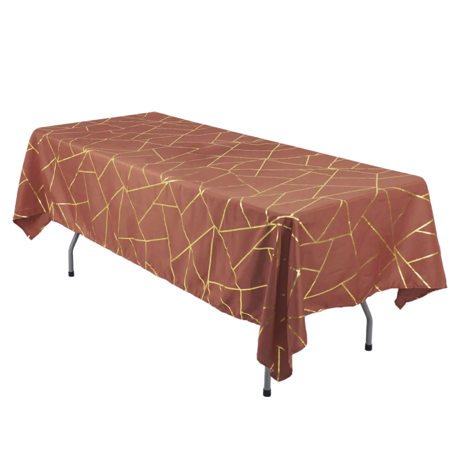 Wrinkle-Resistant & Durable Polyester Rectangle Tablecloth in Terracotta with Gold Foil Geometric Design - Ideal for Events