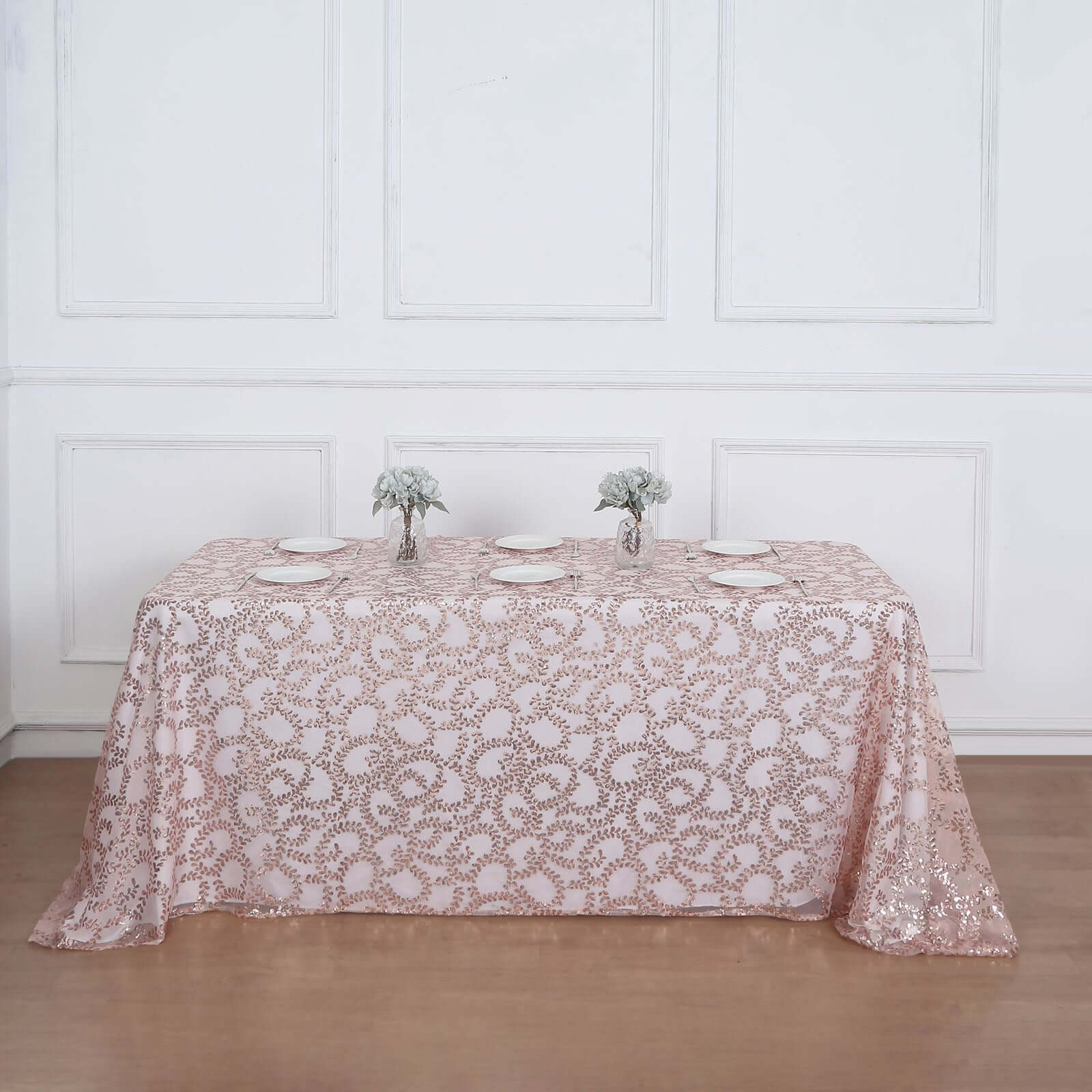 Sparkling Rose Gold Sequin Leaf Embroidered Tulle Rectangle Tablecloth 90x156 for Events
