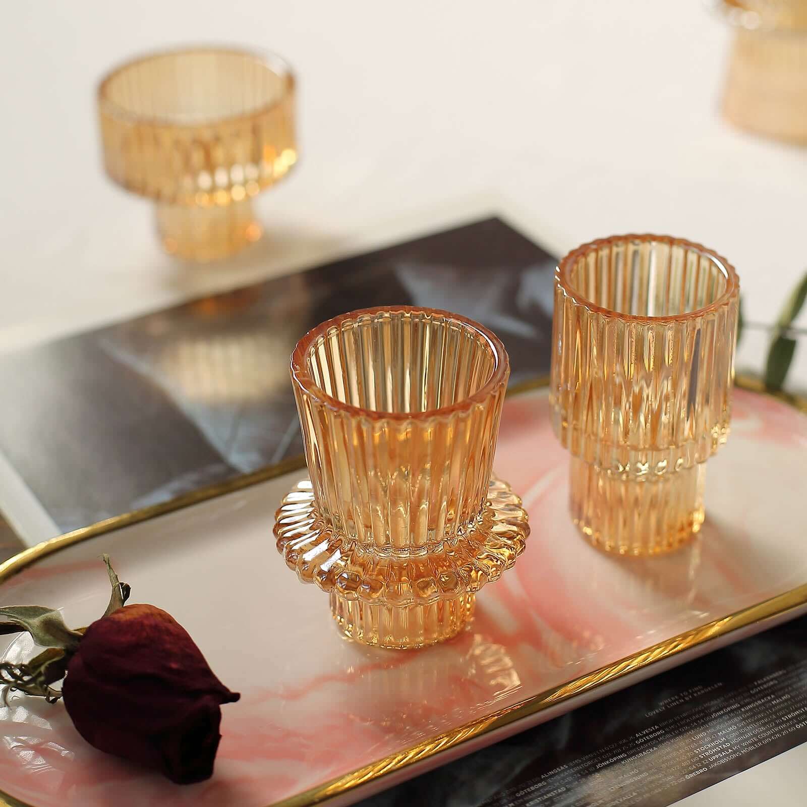 Hot Sale! Set of 6 Amber Gold Glass Taper Candle Holders with Ribbed Crystal Design