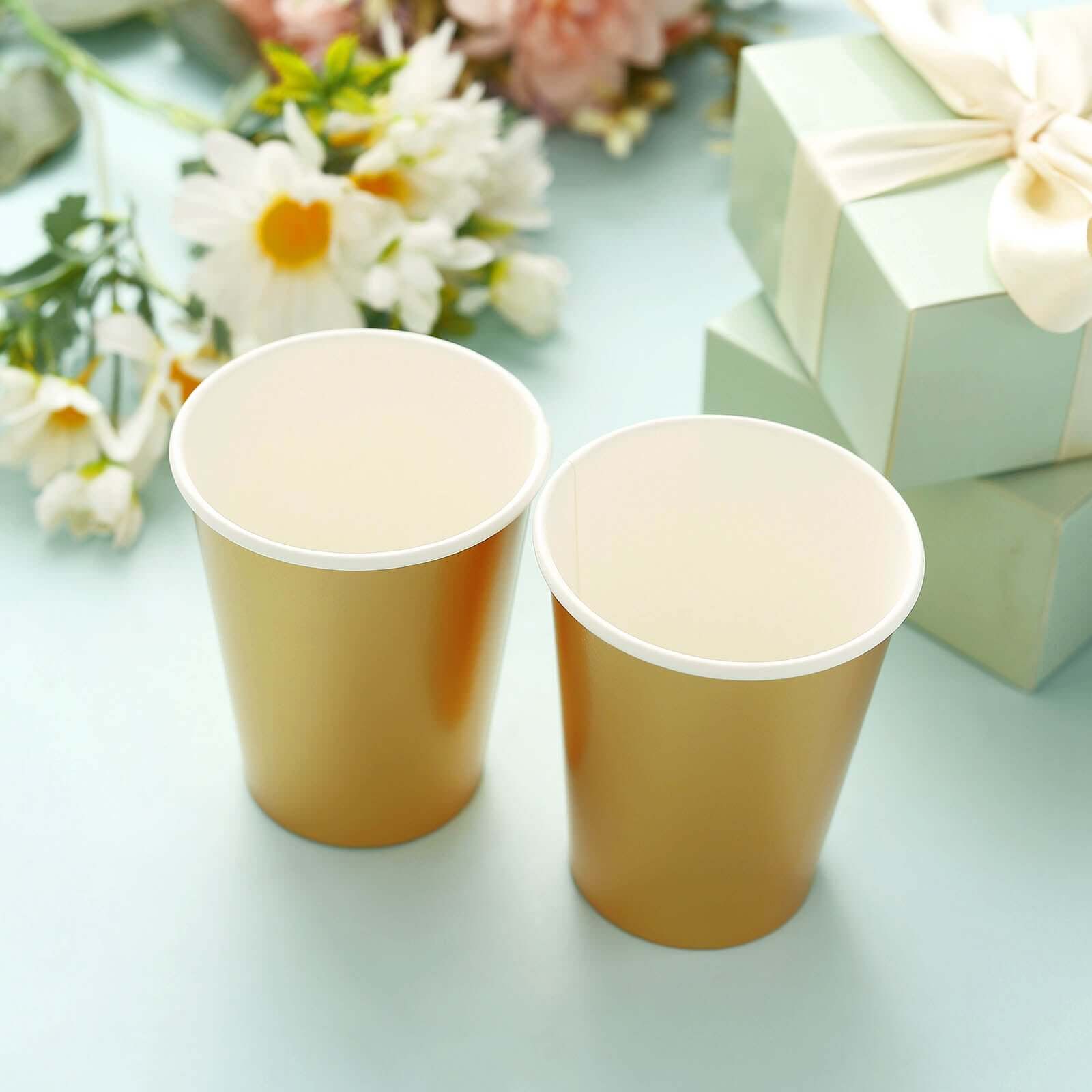 Get 24-Pack 9oz Metallic Gold Disposable Paper Cups for Hot & Cold Drinks