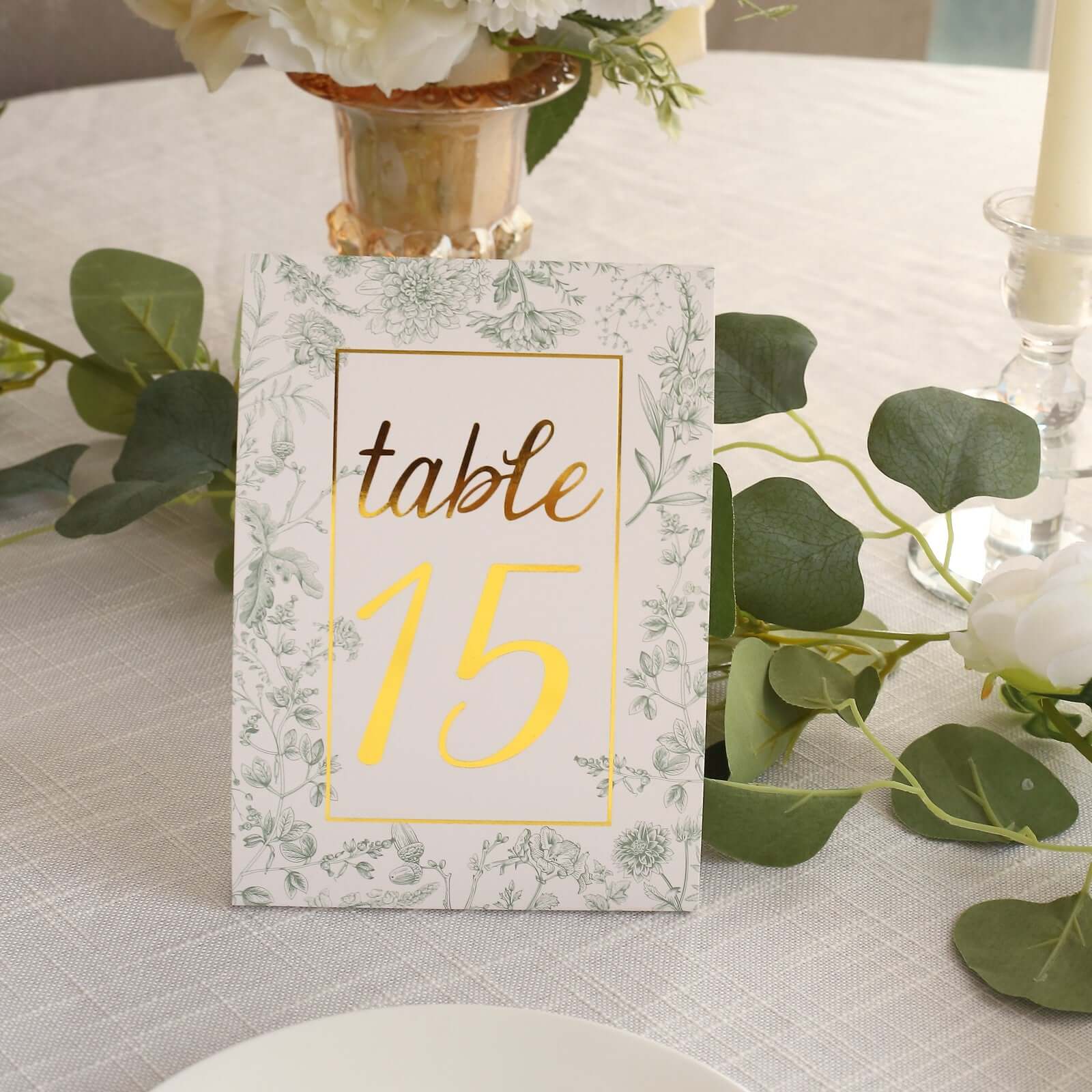 25-Pack Wedding Table Numbers 1 - 25: White/Sage Green French Toile Design with Gold Foil, Free Standing Double Sided Signs