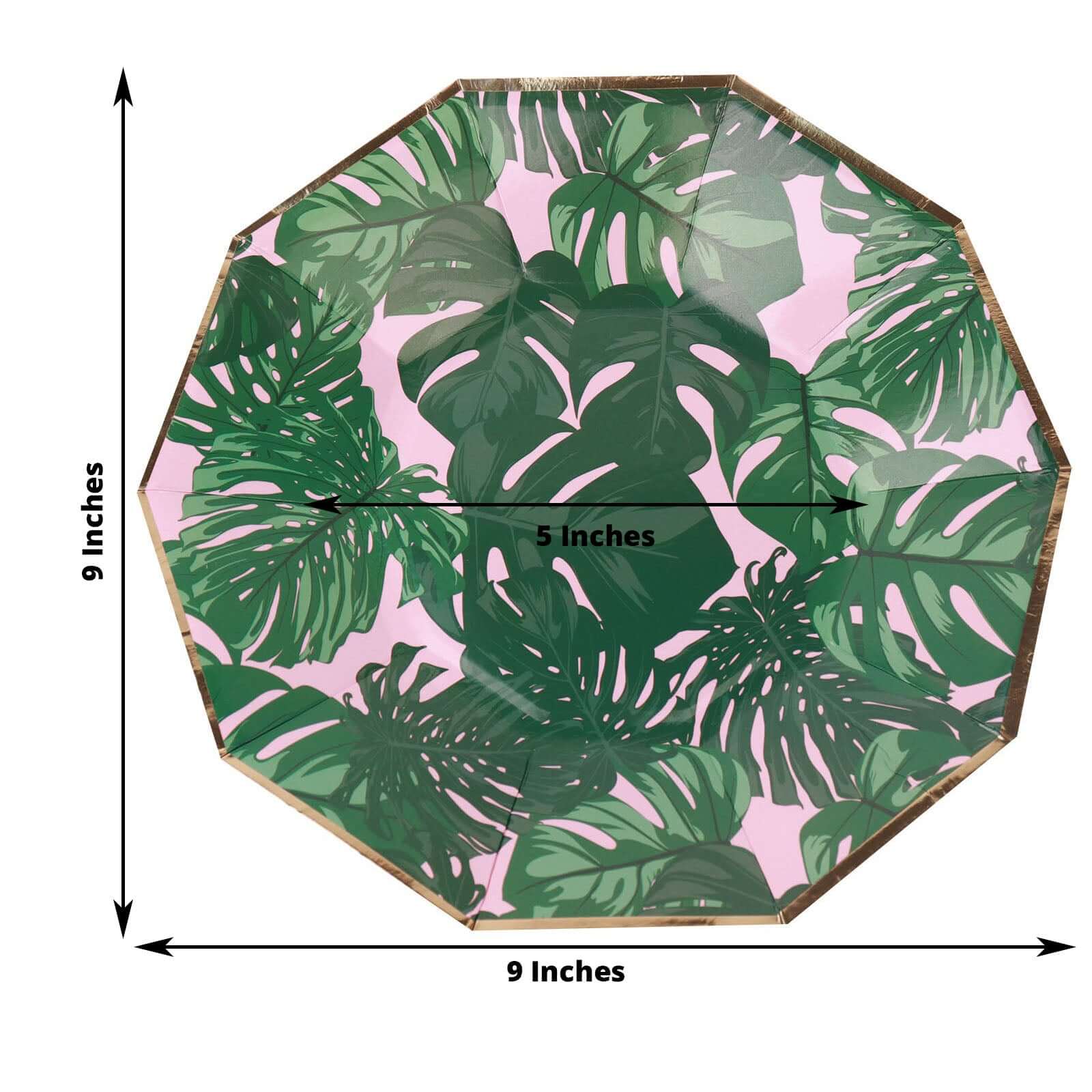 25-Pack 9" Pink Paper Decagon Dinner Plates with Green Palm Leaves & Gold Rim - Ideal for Luau & Summer Parties