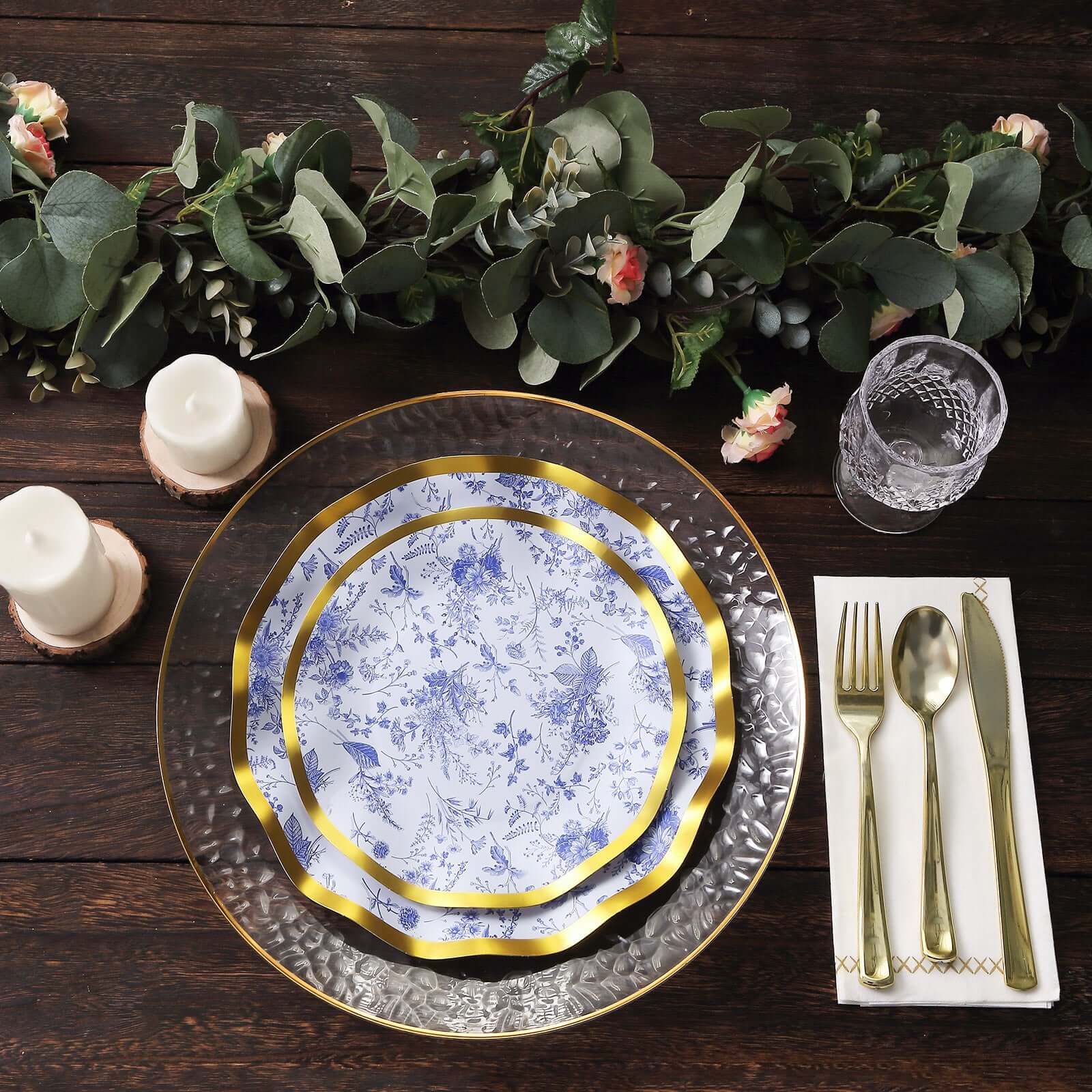 Get 25-Piece Set of Disposable 10-Inch White Paper Dinner Plates with Blue French Toile & Gold Wavy Rim