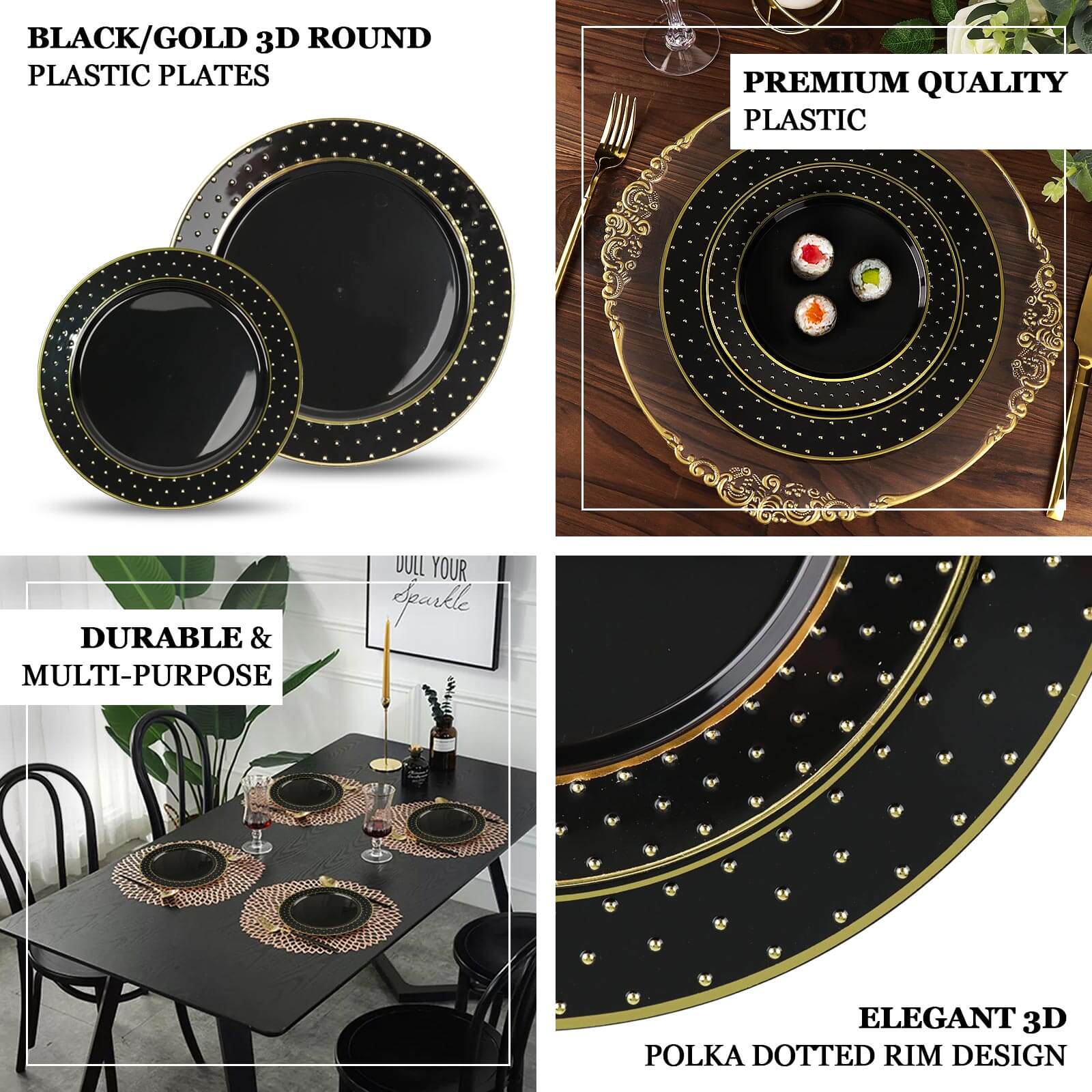 Get 10-Pack Durable Disposable Black Plastic Dessert Plates with Gold 3D Dotted Rim for Events