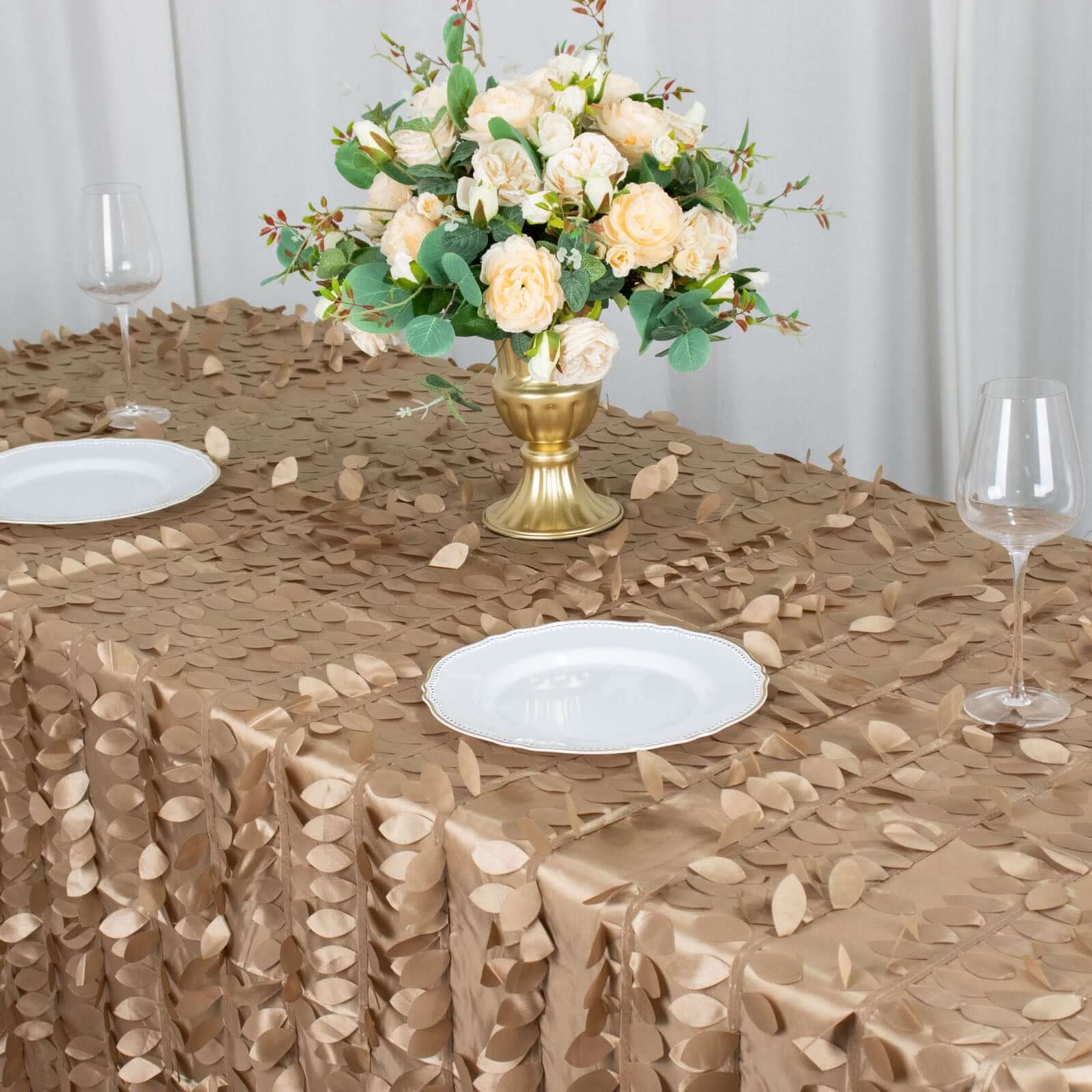 Taupe Taffeta 90x132 Rectangle Tablecloth with 3D Seamless Leaf Petal Design
