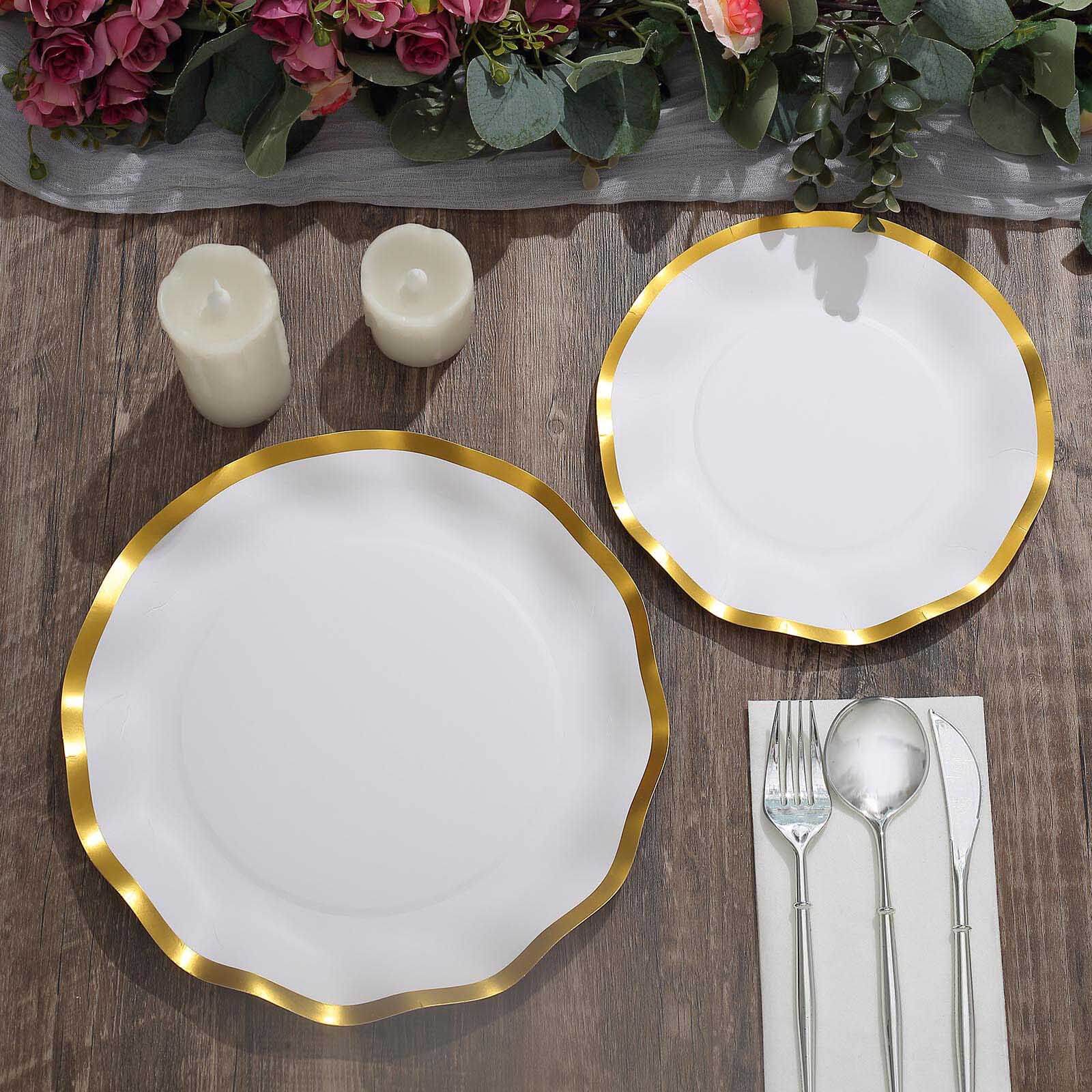 25-Piece Set of Disposable 8-Inch Round Matte White Paper Dessert Plates with Gold Wavy Rim for Upscale Events
