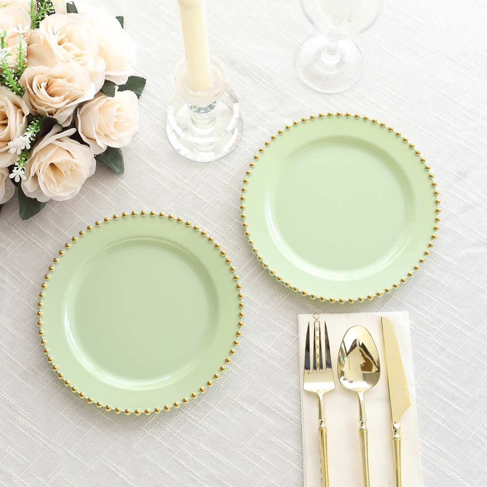 Hot Deal! 10-Piece Set of Sage Green Round Disposable Plastic Dessert Plates with Gold Beaded Rim for Parties