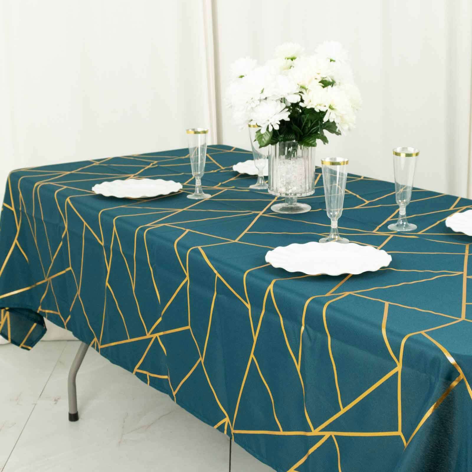 Wrinkle-Resistant & Durable Polyester Tablecloth: 60x102 Rectangle in Peacock Teal with Gold Foil Geometric Pattern