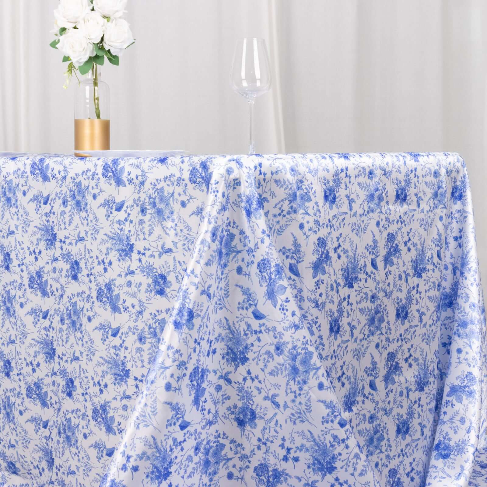 Exclusive Satin 90x132 Rectangular Tablecloth - White/Blue French Toile Design, Wrinkle-Resistant