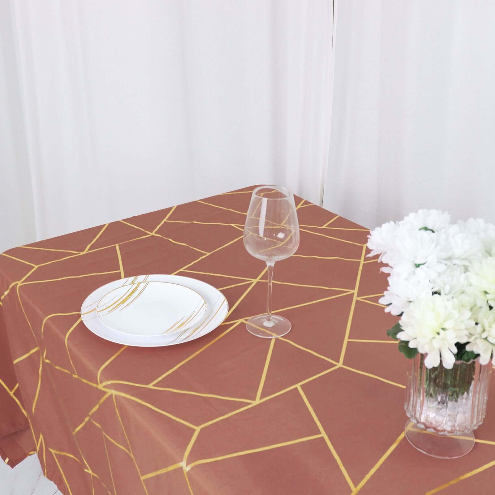 Wrinkle-Resistant & Durable Polyester Rectangle Tablecloth in Terracotta with Gold Foil Geometric Design - Ideal for Events