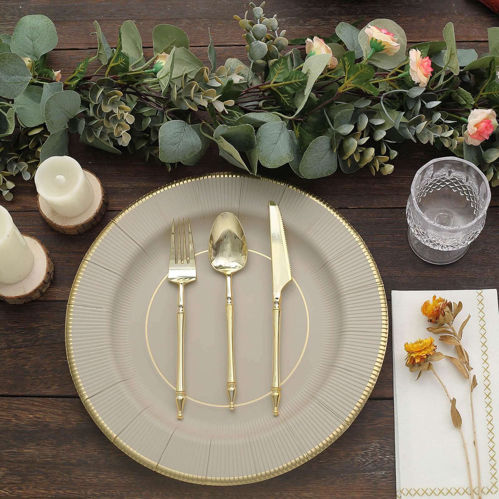 25-Piece Set of Disposable Heavy Duty 350GSM Paper Charger Plates in Taupe Sunray Design with Gold Rim, 13 Inches