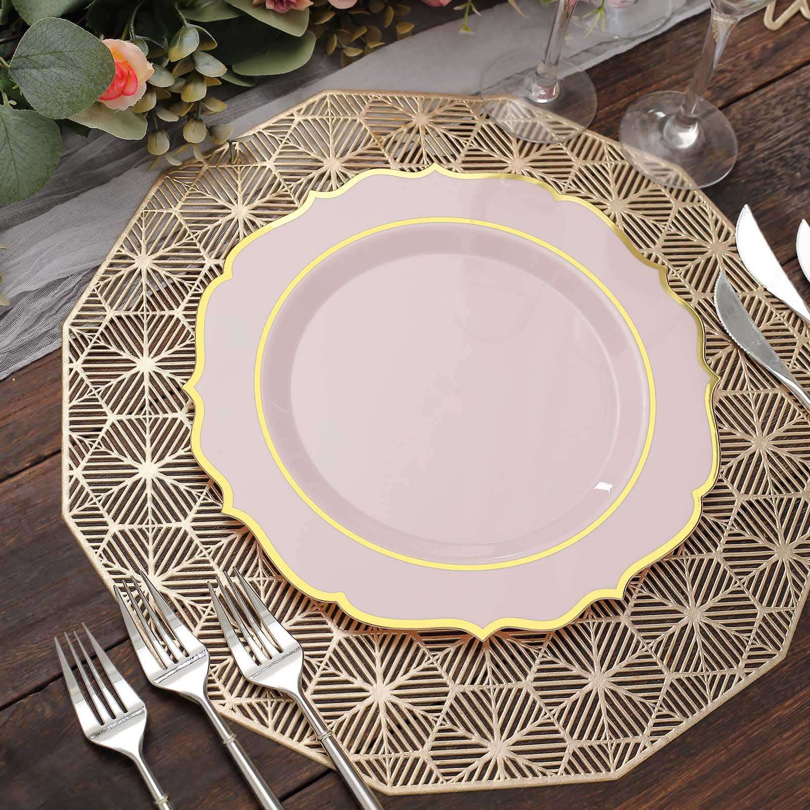 Hot Deal! 10-Pack Disposable Blush Plastic Dinner Plates with Gold Scalloped Rim