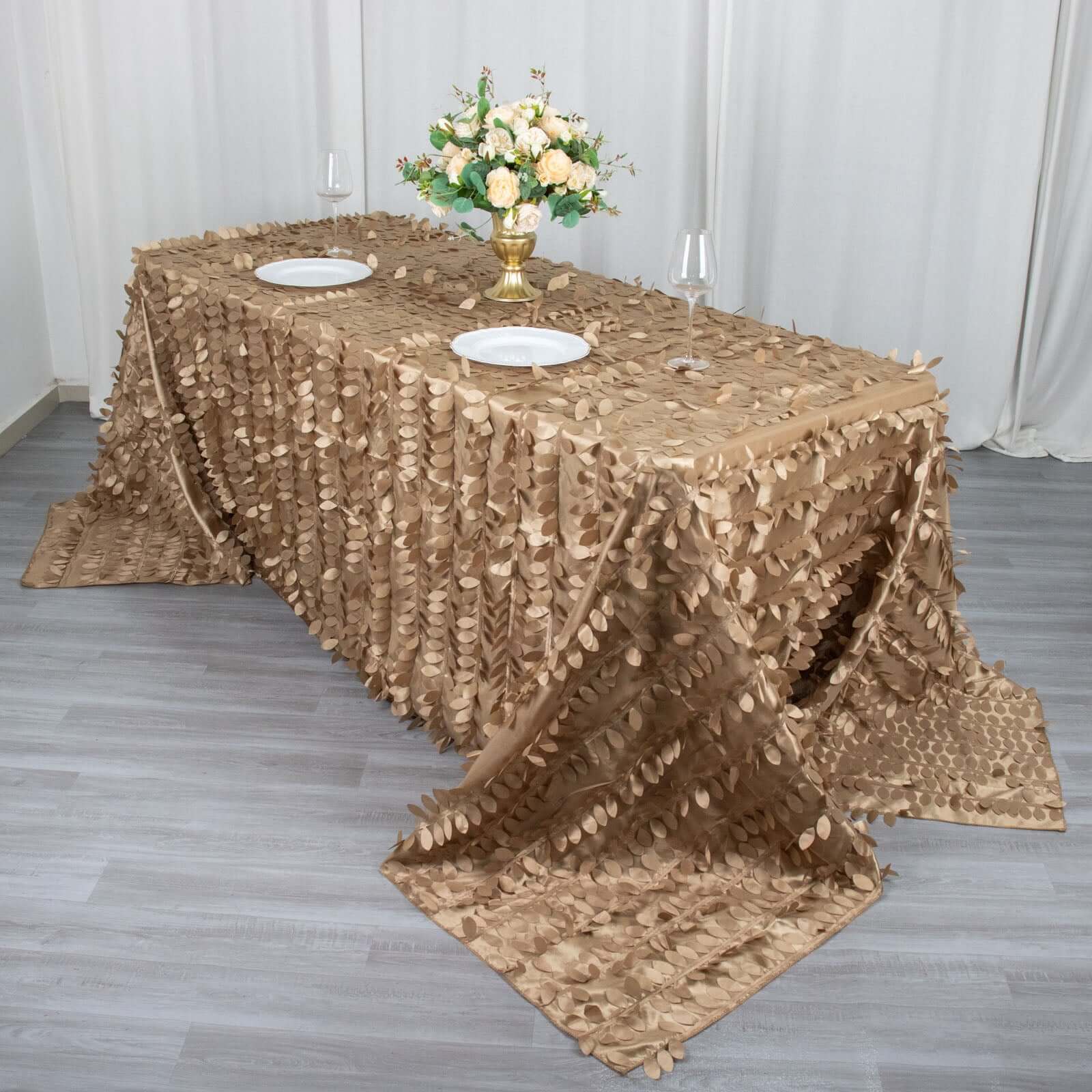 Taupe Taffeta 90x132 Rectangle Tablecloth with 3D Seamless Leaf Petal Design