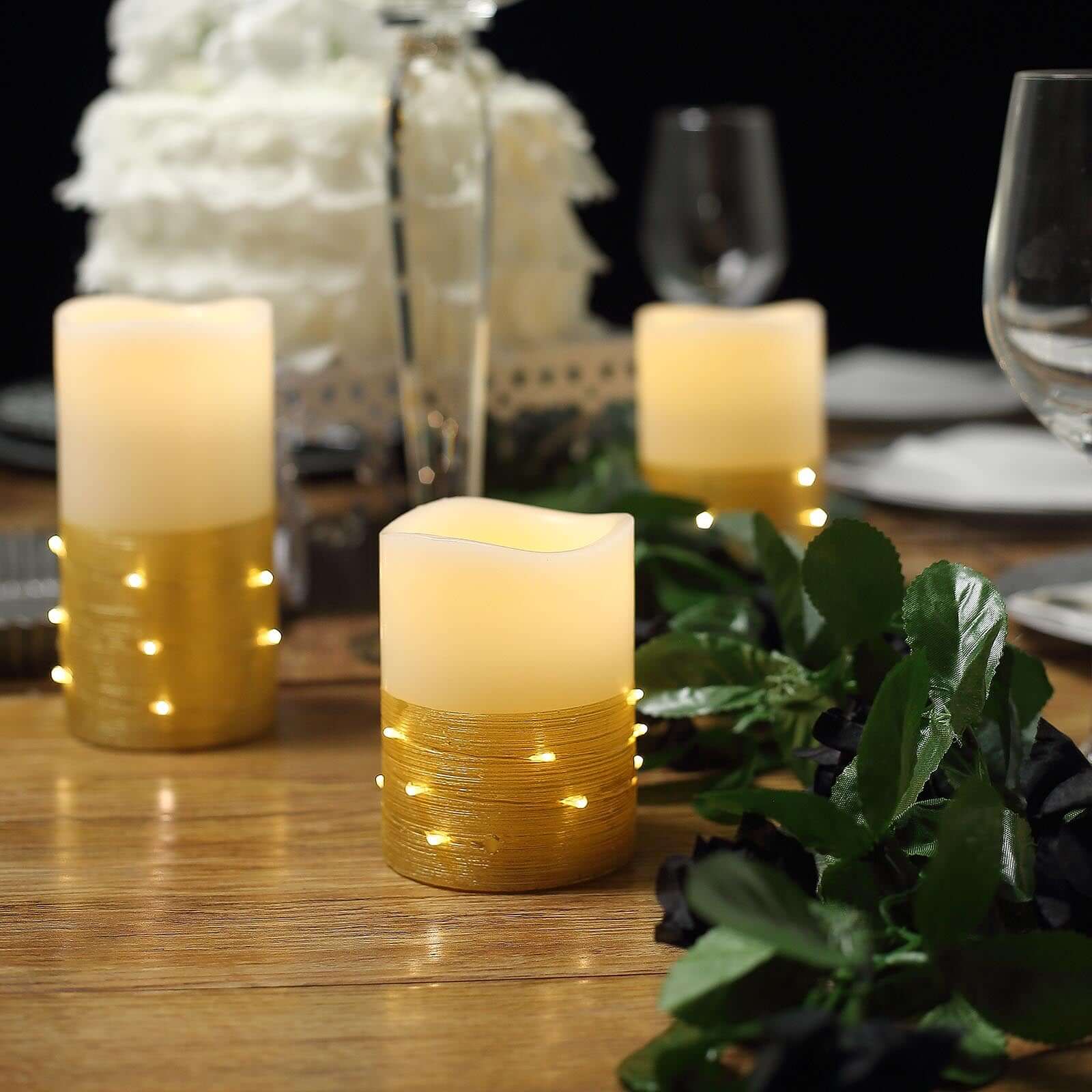 Remote-Controlled Set of 3 Gold LED Flameless Pillar Candles with Fairy String Lights (4', 5', 6')