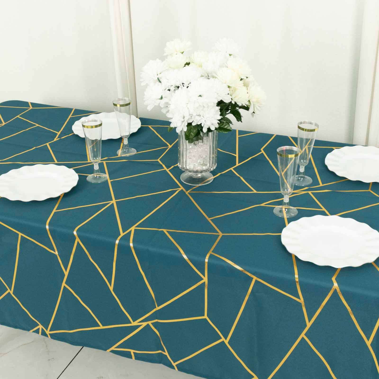 Wrinkle-Resistant & Durable Polyester Tablecloth: 60x102 Rectangle in Peacock Teal with Gold Foil Geometric Pattern