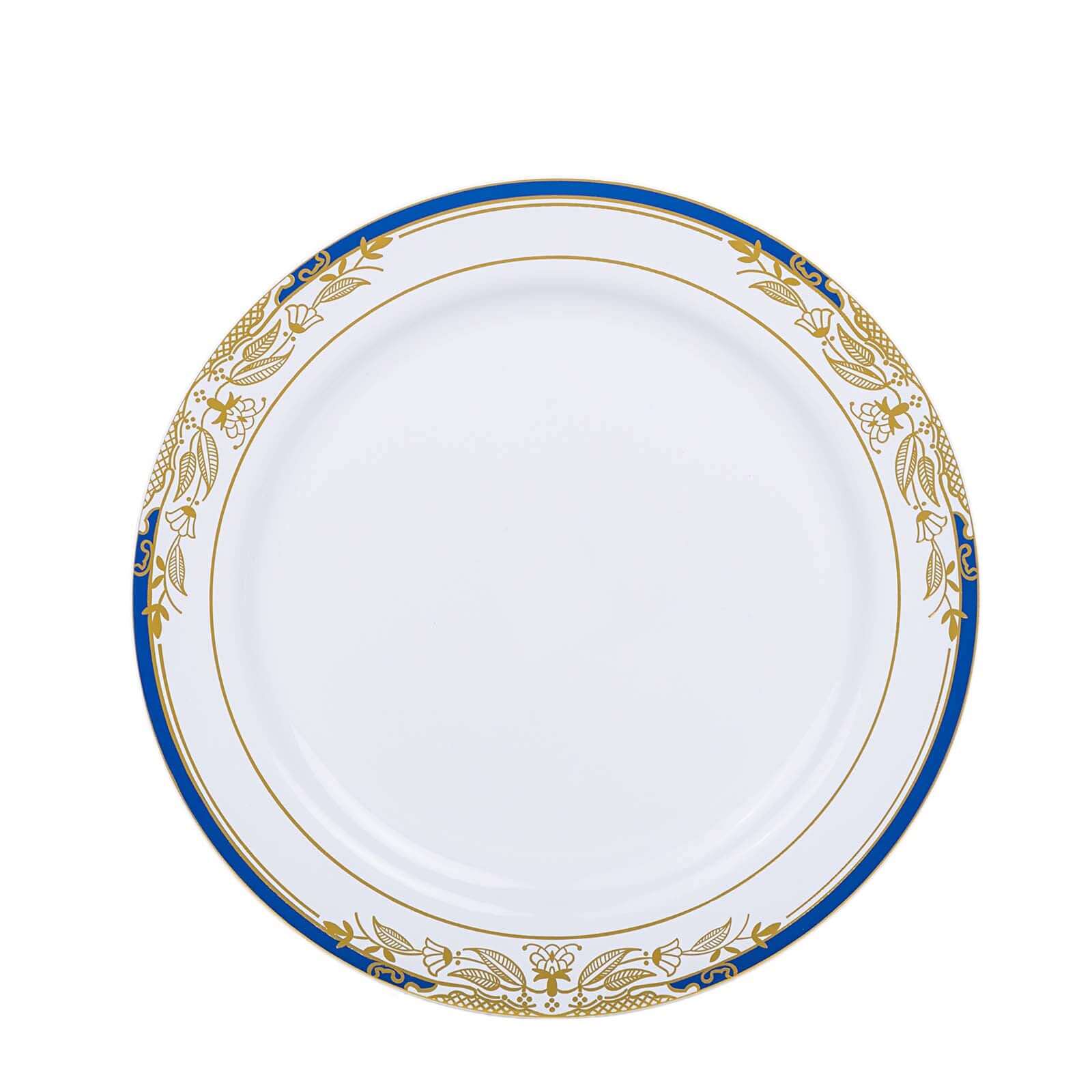 10-Pack Disposable White Dinner Plates with Royal Blue Rim and Gold Vine Design for Special Events