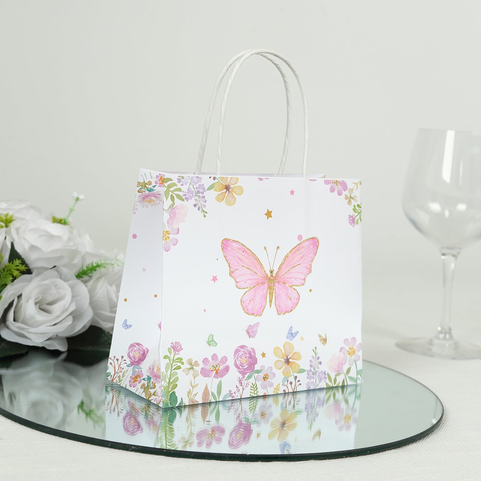 12-Pack Pink Glitter Butterfly Floral Print White Gift Bags with Handles - Ideal for Various Occasions