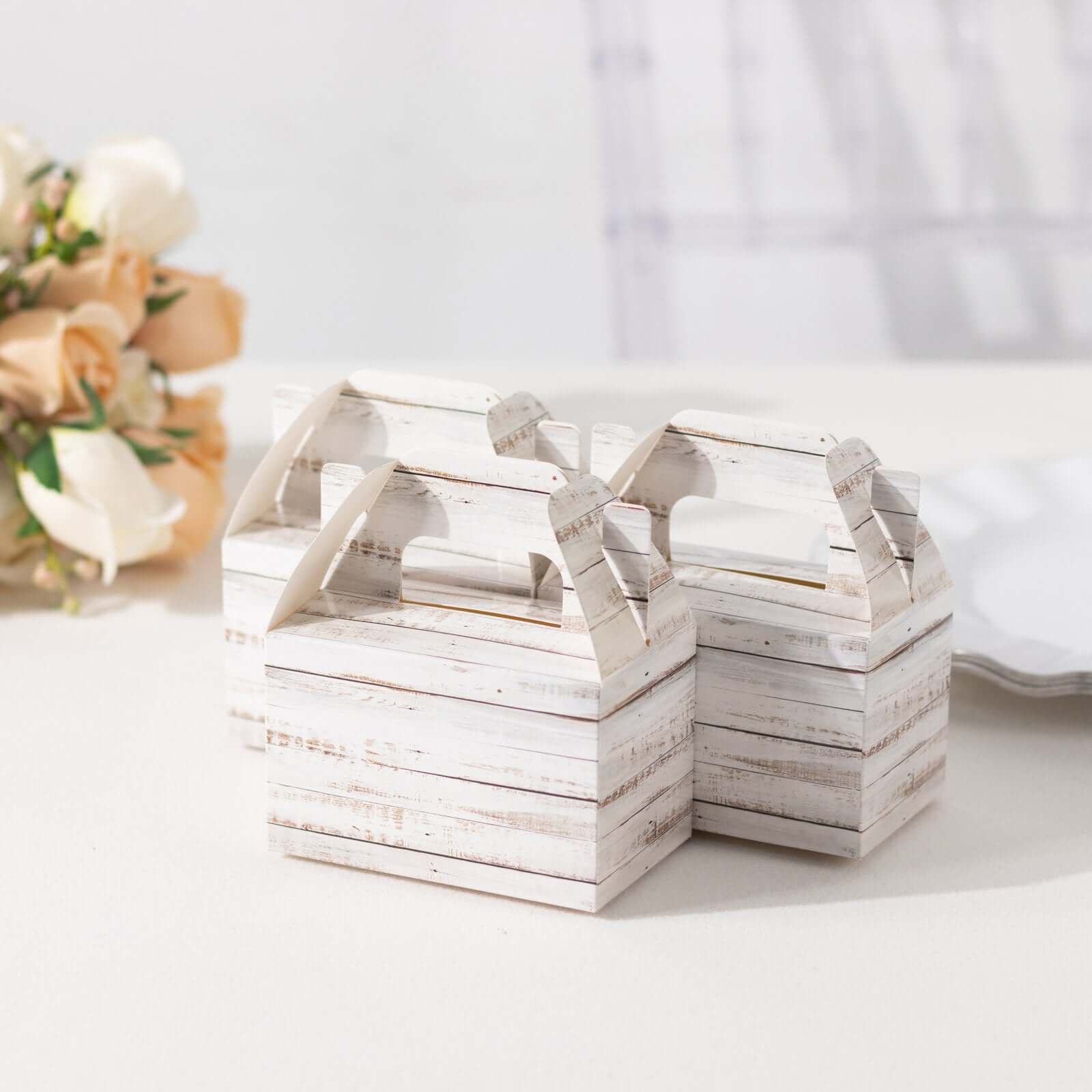 Get 25-Pack Rustic White Candy Gift Tote Gable Boxes with Wood Pattern