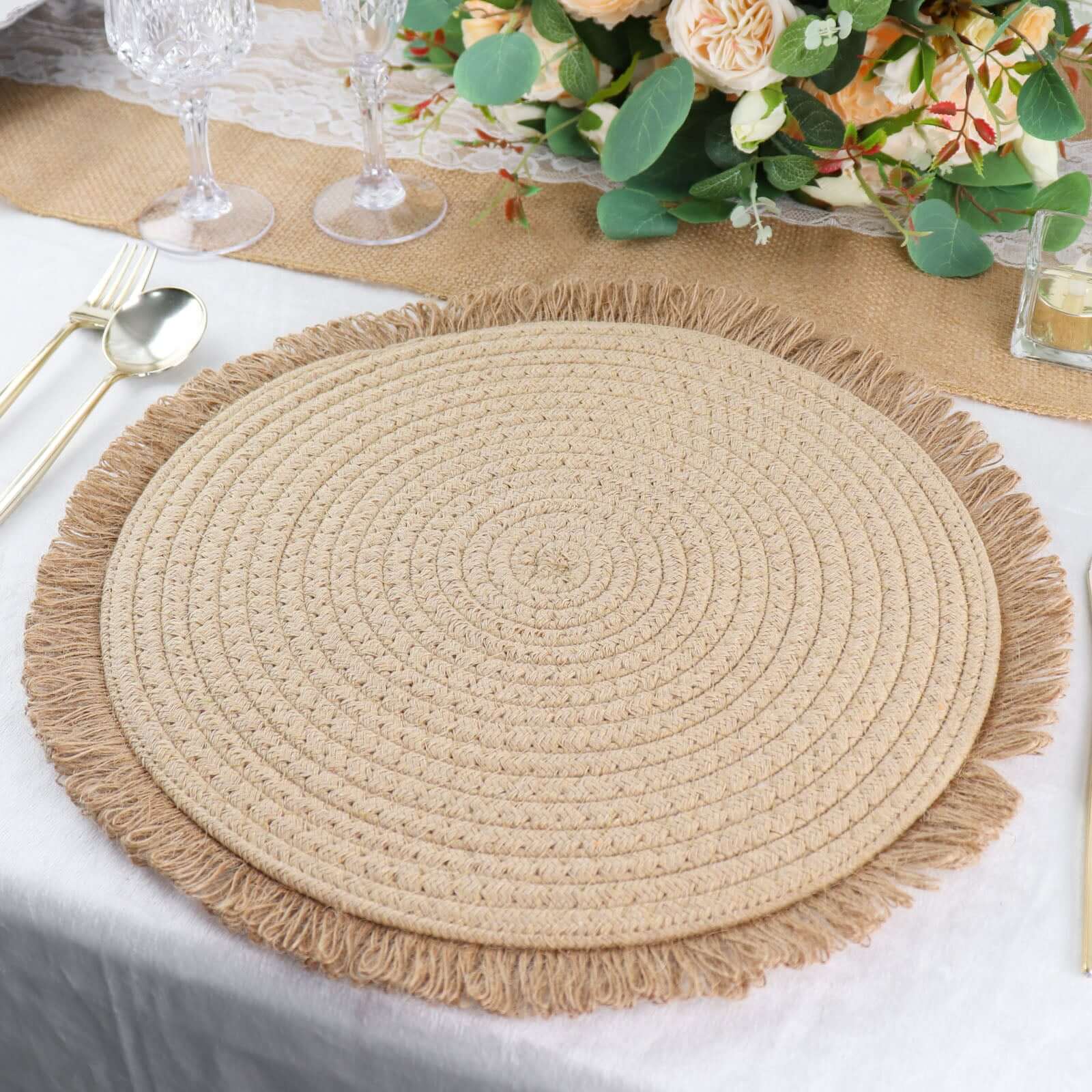 4-Pack Natural Rustic Burlap Jute Round Placemats with Fringed Edge - Farmhouse Style Table Decor
