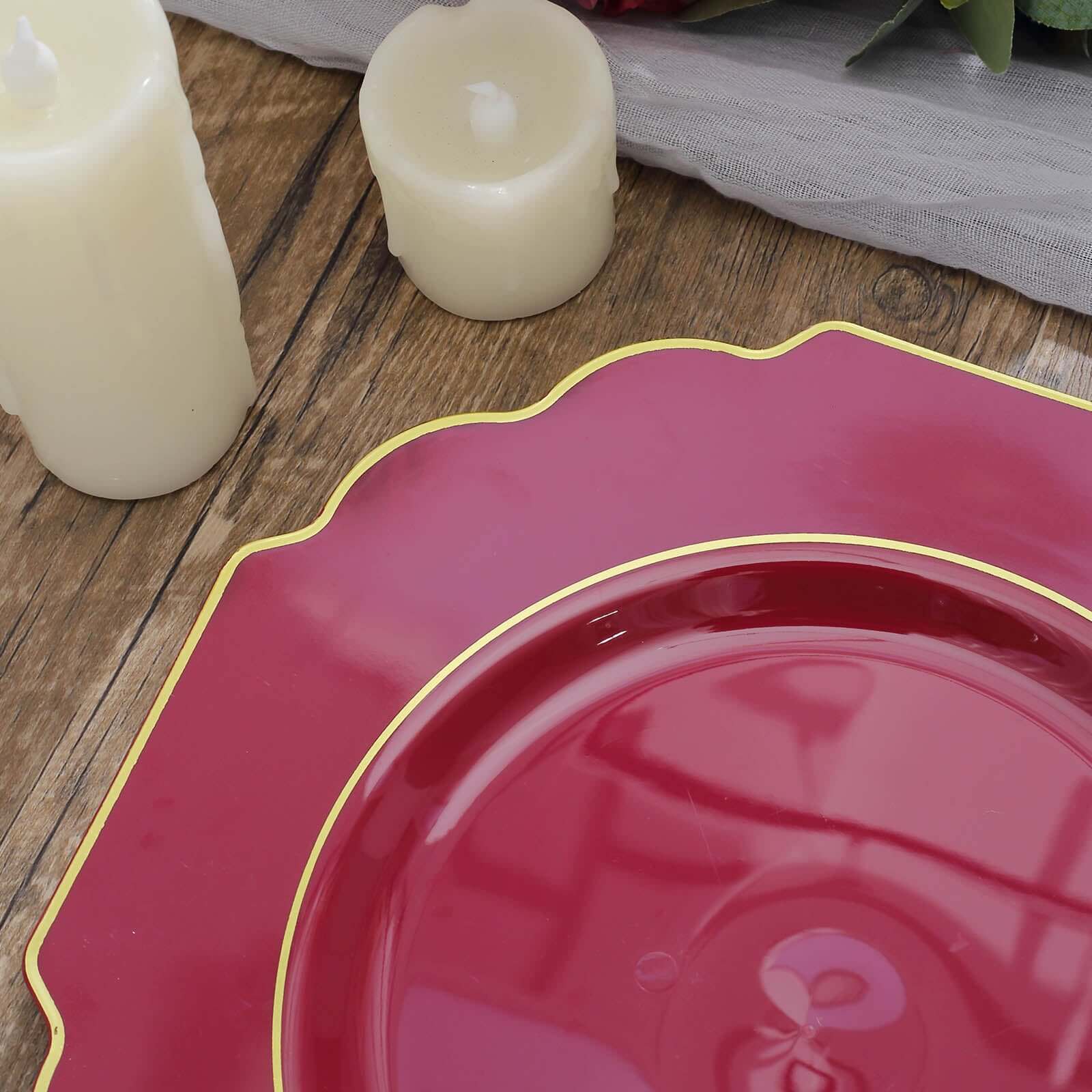 10-Piece Set of Heavy Duty Disposable Burgundy Baroque Dinner Plates with Scalloped Gold Rim