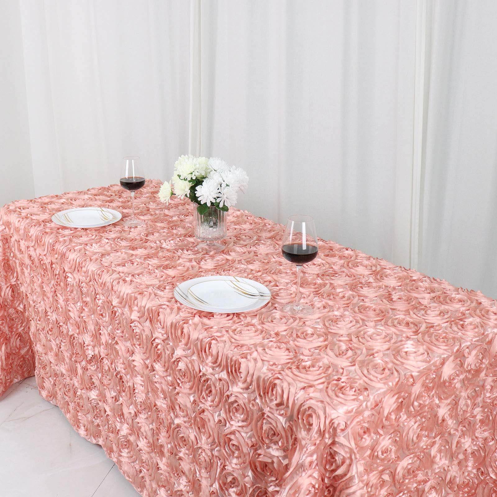 Luxurious Dusty Rose Satin 90x132 Rectangle Tablecloth with 3D Rosette Design