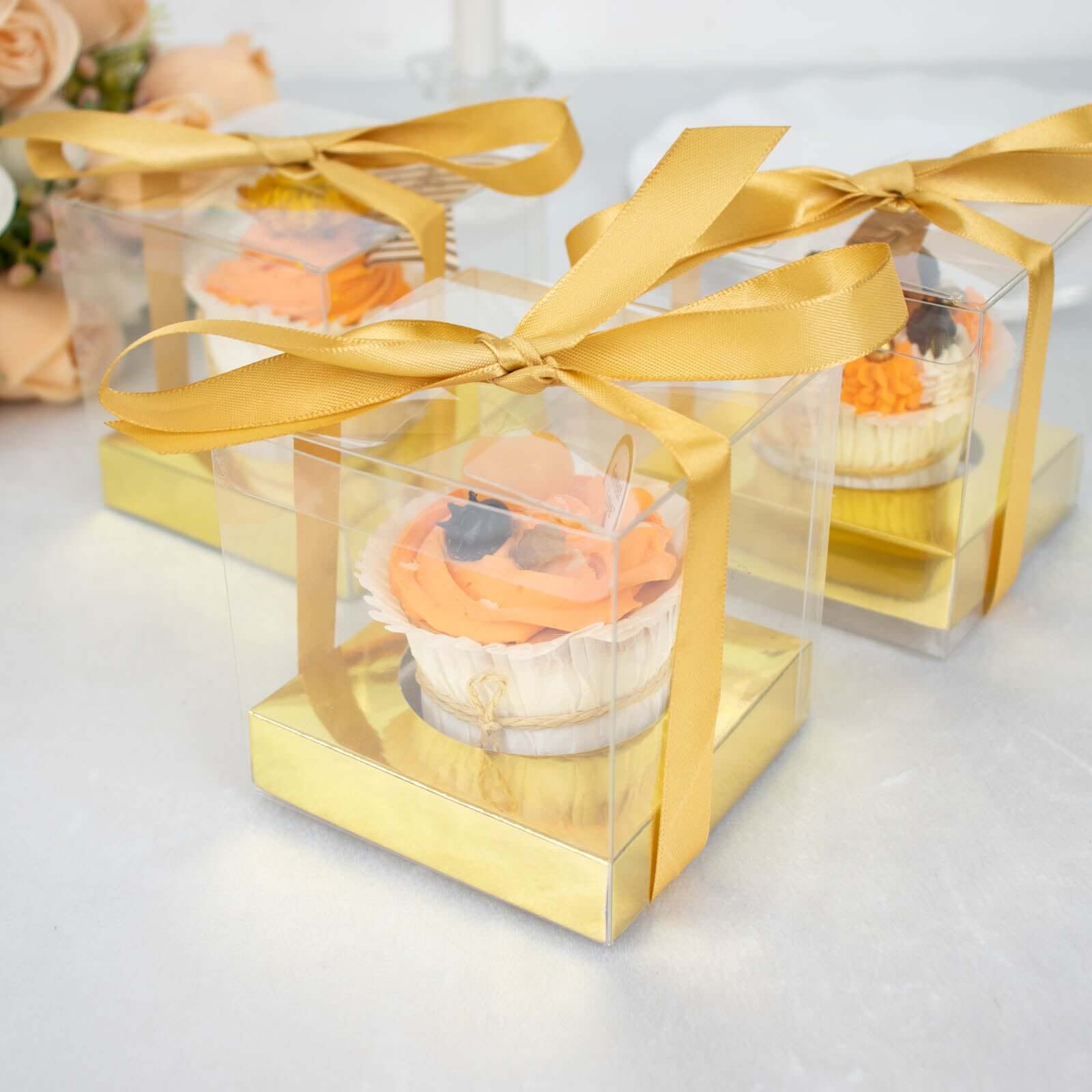 Hot Sale! 12-Pack 3.5-Inch Clear & Gold Disposable Plastic Cupcake Boxes with Ribbon for Weddings and Parties