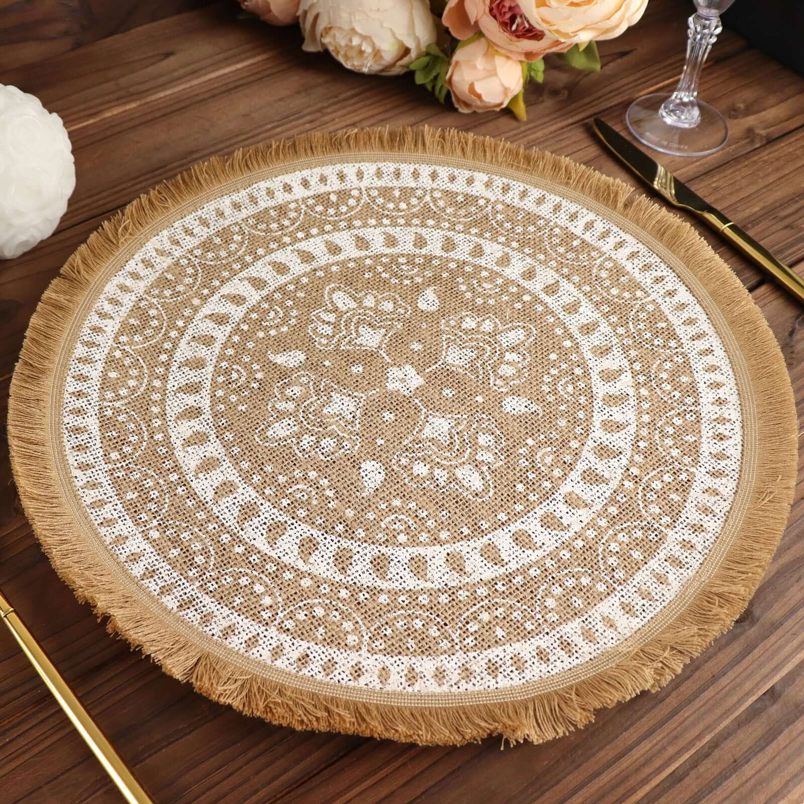 4-Pack Natural Jute and White Round Placemats with Fringe Print - Rustic Style, 15