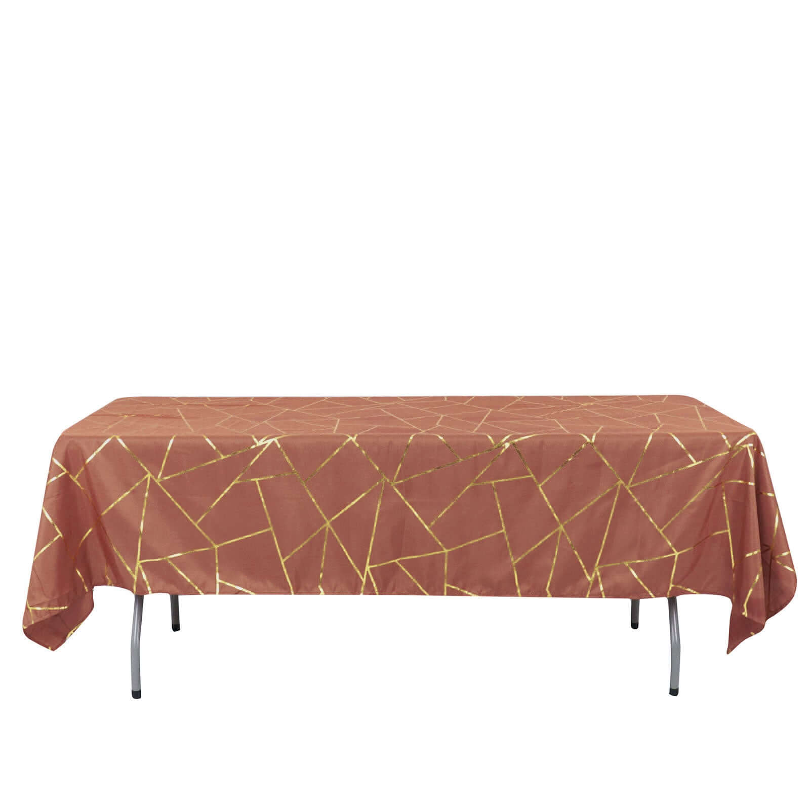 Wrinkle-Resistant & Durable Polyester Rectangle Tablecloth in Terracotta with Gold Foil Geometric Design - Ideal for Events