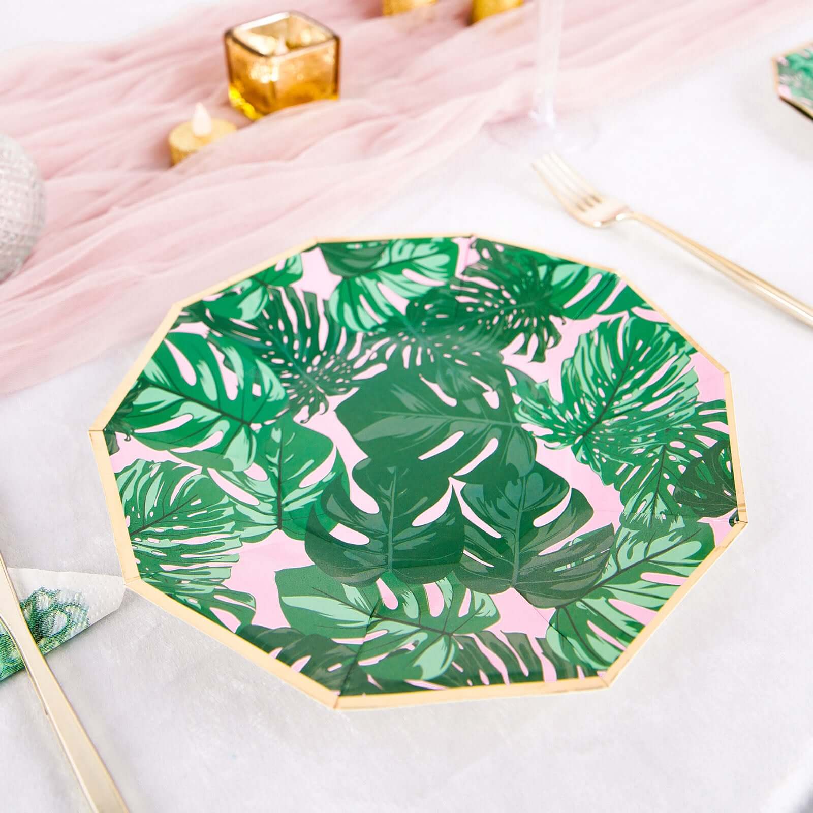 25-Pack 9" Pink Paper Decagon Dinner Plates with Green Palm Leaves & Gold Rim - Ideal for Luau & Summer Parties