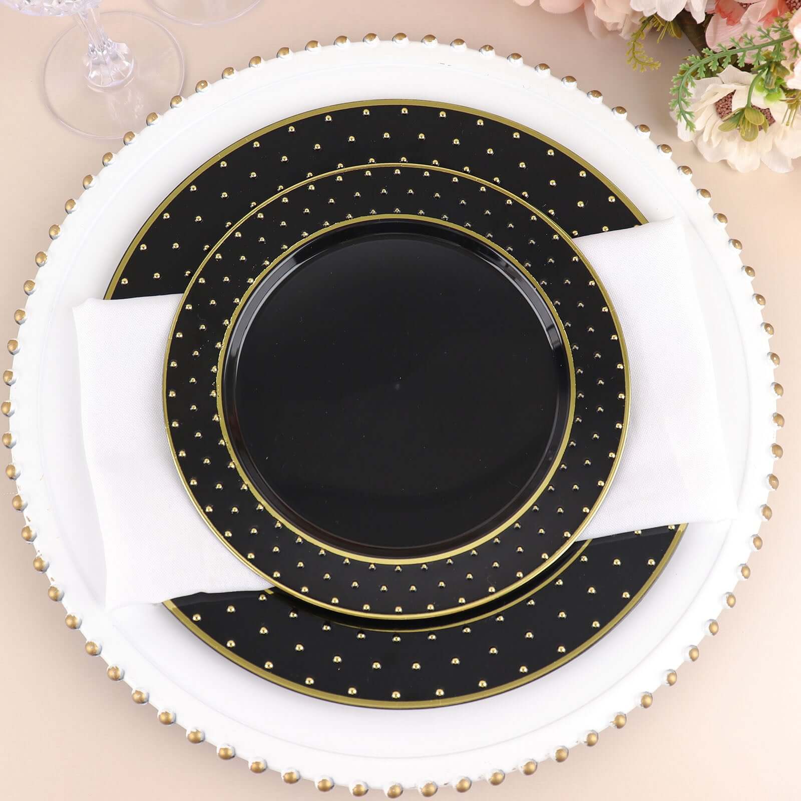 Get 10-Pack Durable Disposable Black Plastic Dessert Plates with Gold 3D Dotted Rim for Events