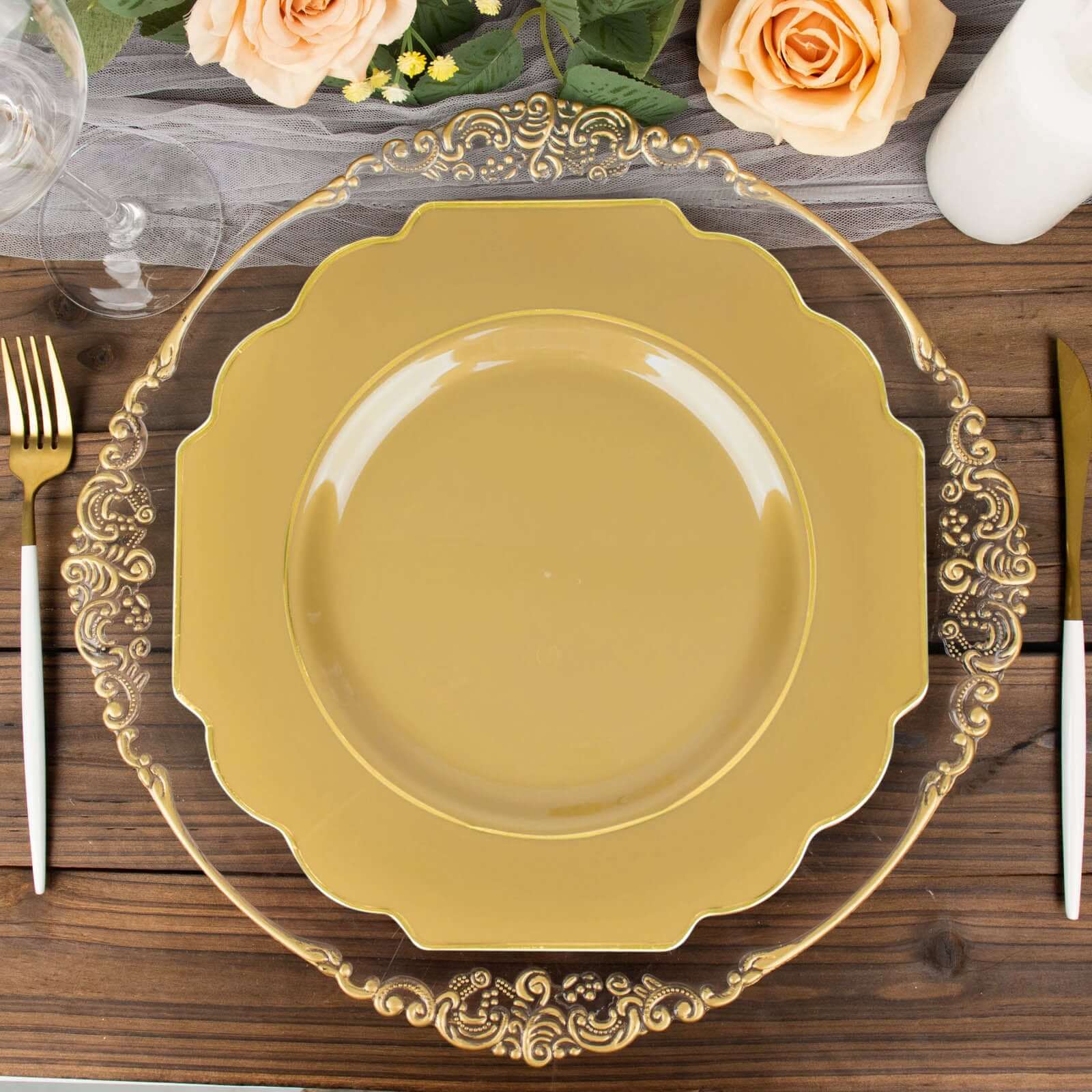 Get 10-Pack Heavy Duty Disposable Gold Baroque Dinner Plates with Scalloped Rim for Events