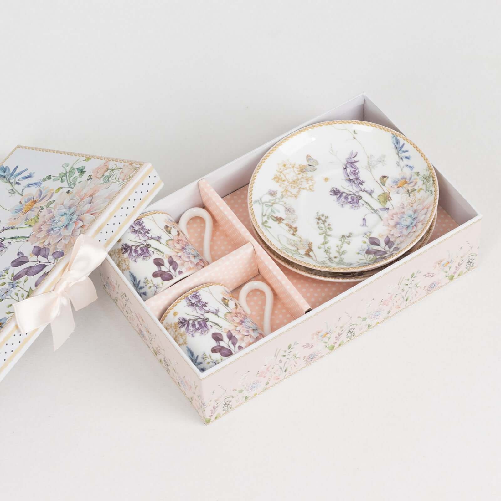 Blush Floral-Printed Porcelain Espresso Cups and Saucers Set of 2 with Gift Box
