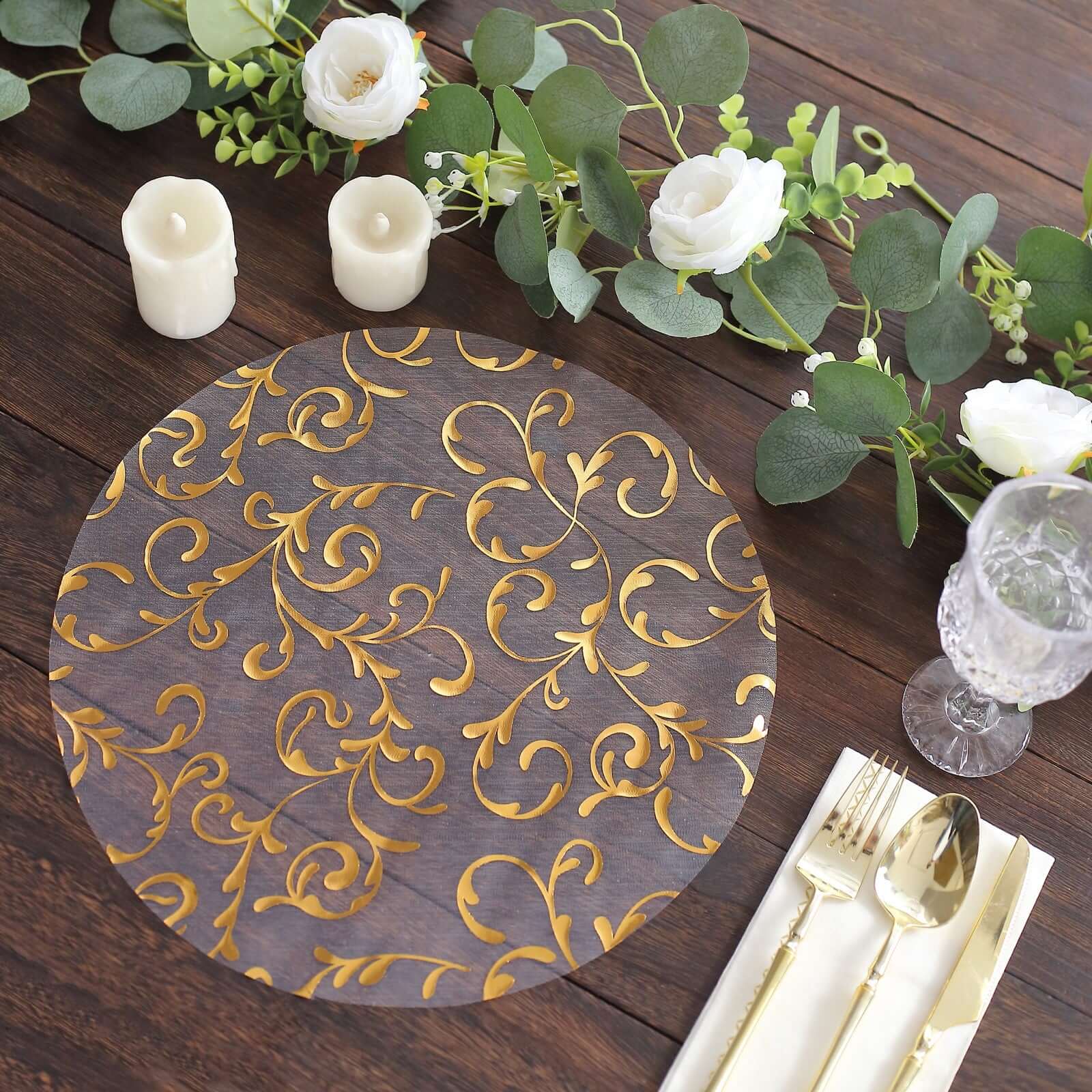 Hot Deal! 10-Pack Metallic Gold Round Organza Disposable Table Placemats with Embossed Foil Flower Design