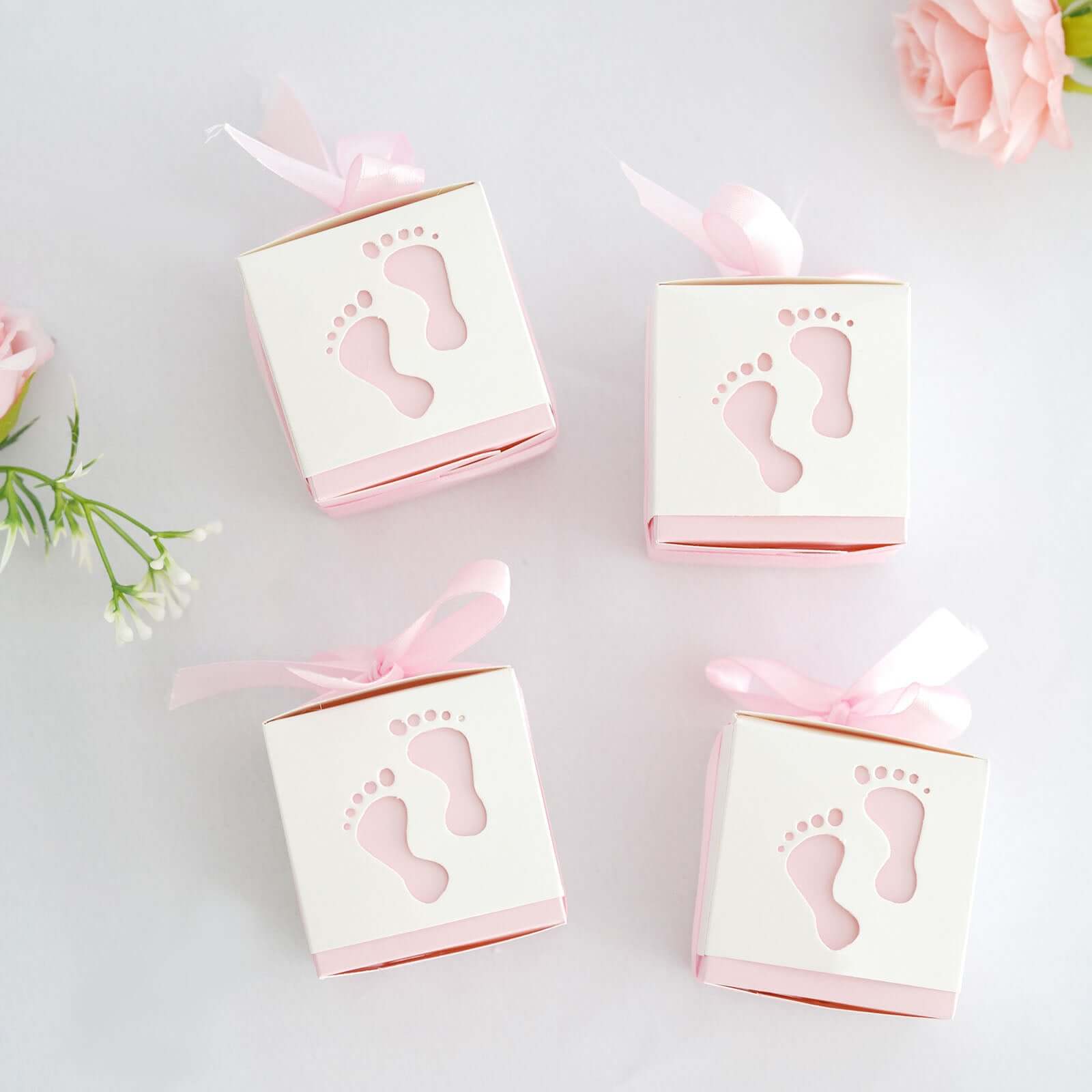 25-Piece Set of Pink Footprint Baby Shower Party Favor Candy Gift Boxes