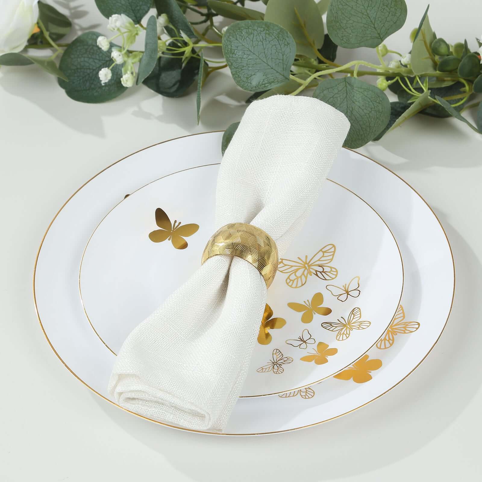 Get 20-Piece White Plastic Dinner & Salad Plates with Gold Butterfly Design & Rim - Ideal for Buffets & Events
