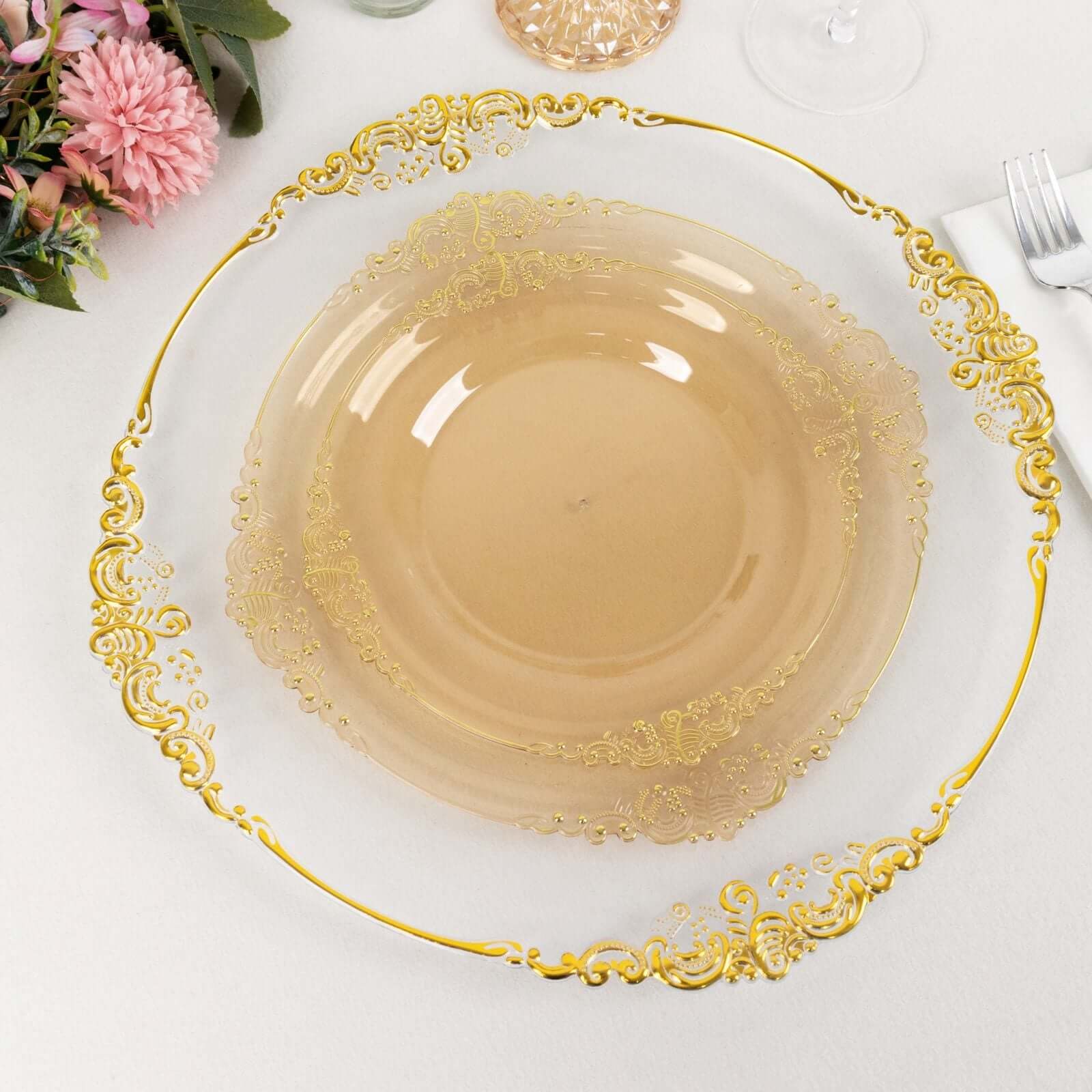 10-Pack Disposable Plastic Round Dinner Plates in Transparent Amber Gold with Gold Leaf Rim