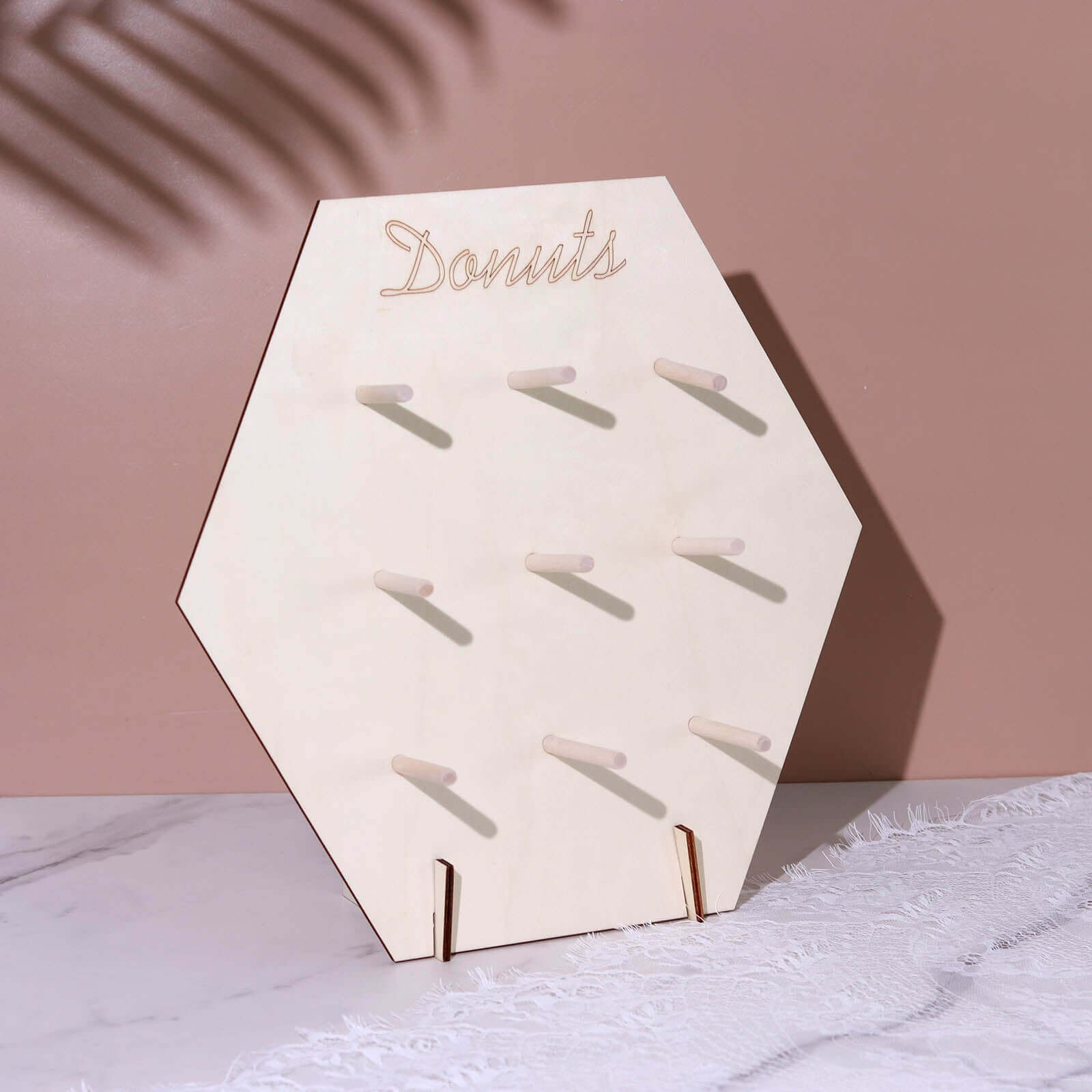 Rustic Detachable Wooden Hexagon Donut Wall Stand for Space-Saving Dessert Display