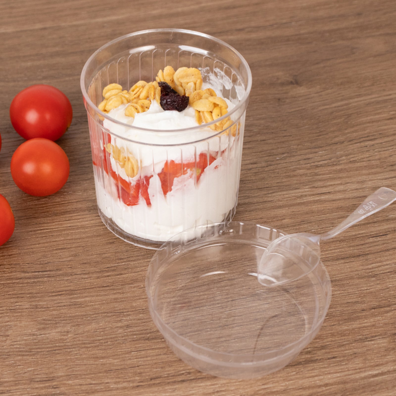 24-Pack 5oz Clear Ribbed Plastic Fruit Dessert Cups with Lid and Spoon - Ideal for Parfaits