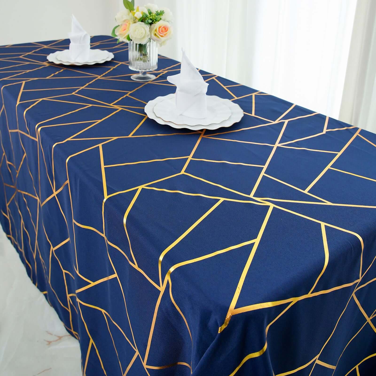 Wrinkle-Resistant Navy Blue Polyester Tablecloth with Gold Foil Pattern for Elegant Events