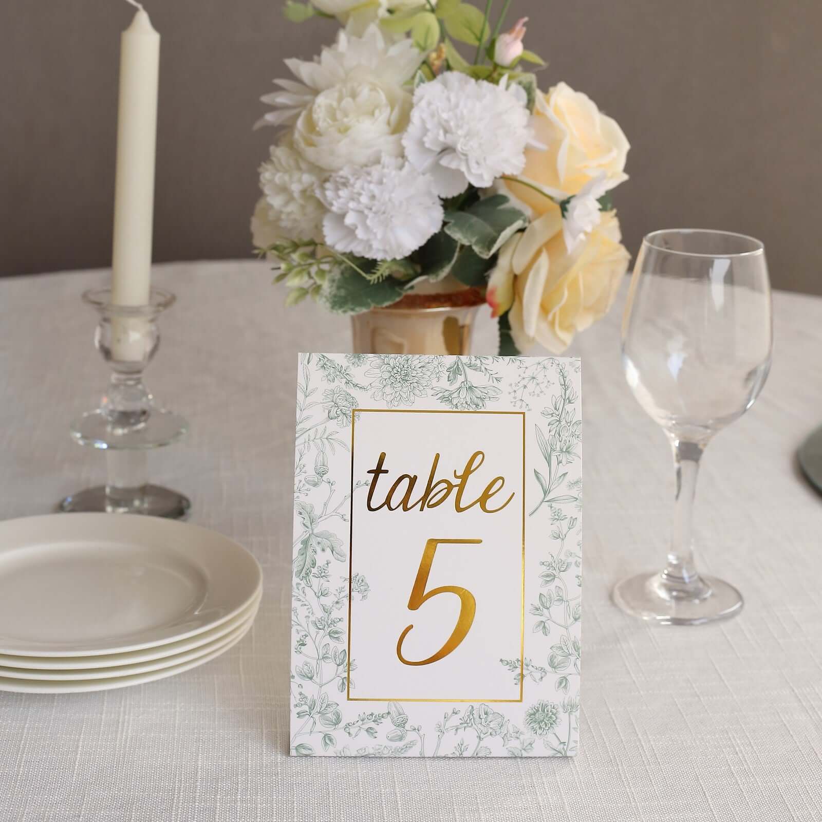 25-Pack Wedding Table Numbers 1 - 25: White/Sage Green French Toile Design with Gold Foil, Free Standing Double Sided Signs