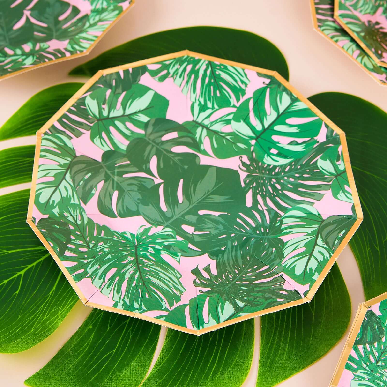 25-Pack 9" Pink Paper Decagon Dinner Plates with Green Palm Leaves & Gold Rim - Ideal for Luau & Summer Parties