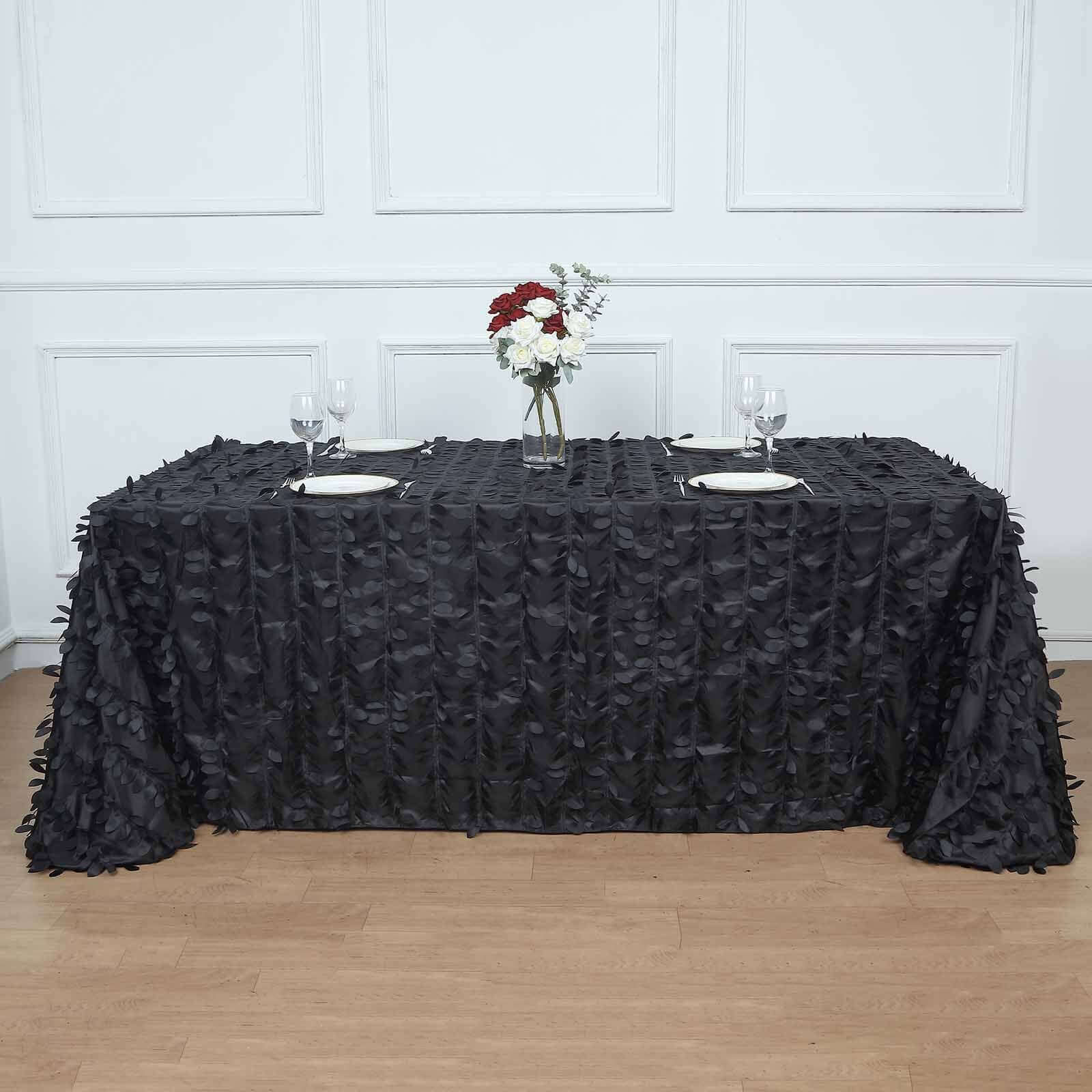 Black Taffeta Rectangle Tablecloth with 3D Leaf Petal Design | Great for Events