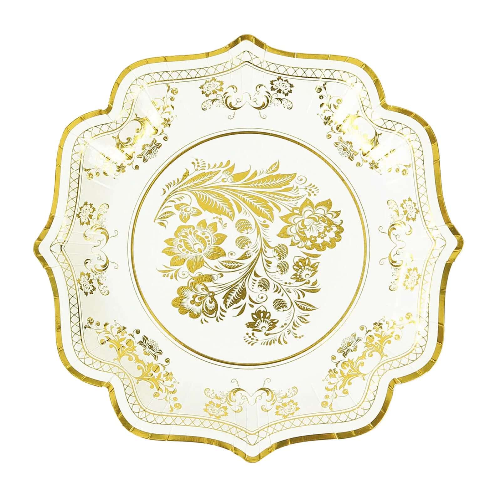 25-Piece Set of Elegant White and Gold Damask Floral Disposable Paper Dinner Plates, 10-Inch Size