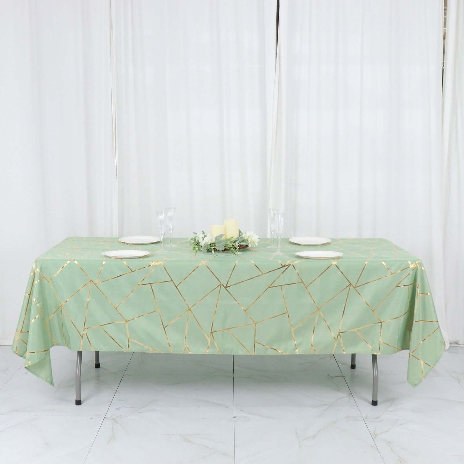 Hot Sale! Wrinkle-Resistant & Durable Polyester Rectangle Tablecloth in Sage Green with Gold Foil Geometric Design (60x102)