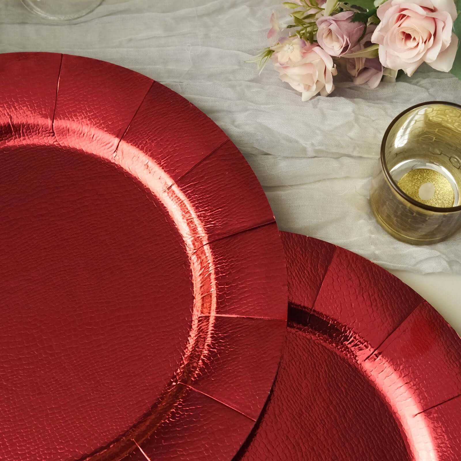 10-Pack Disposable Red Round Charger Plates with Leathery Look - 1100GSM Durable Cardboard Placemats (13" Outer)