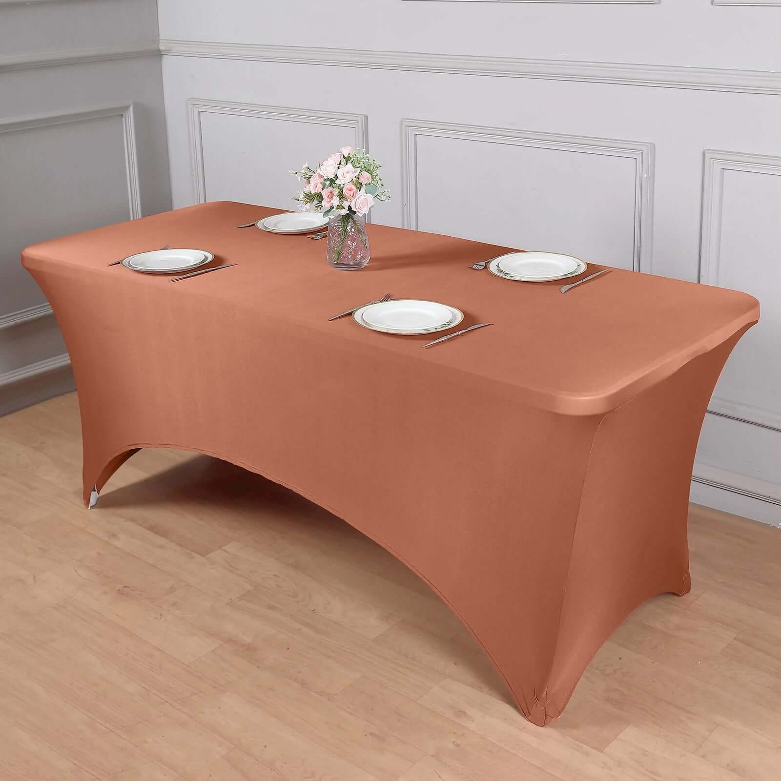 Hot Sale! Durable Form-Fitting Terracotta (Rust) Spandex Stretch Table Cover for 8ft Rectangular Tables