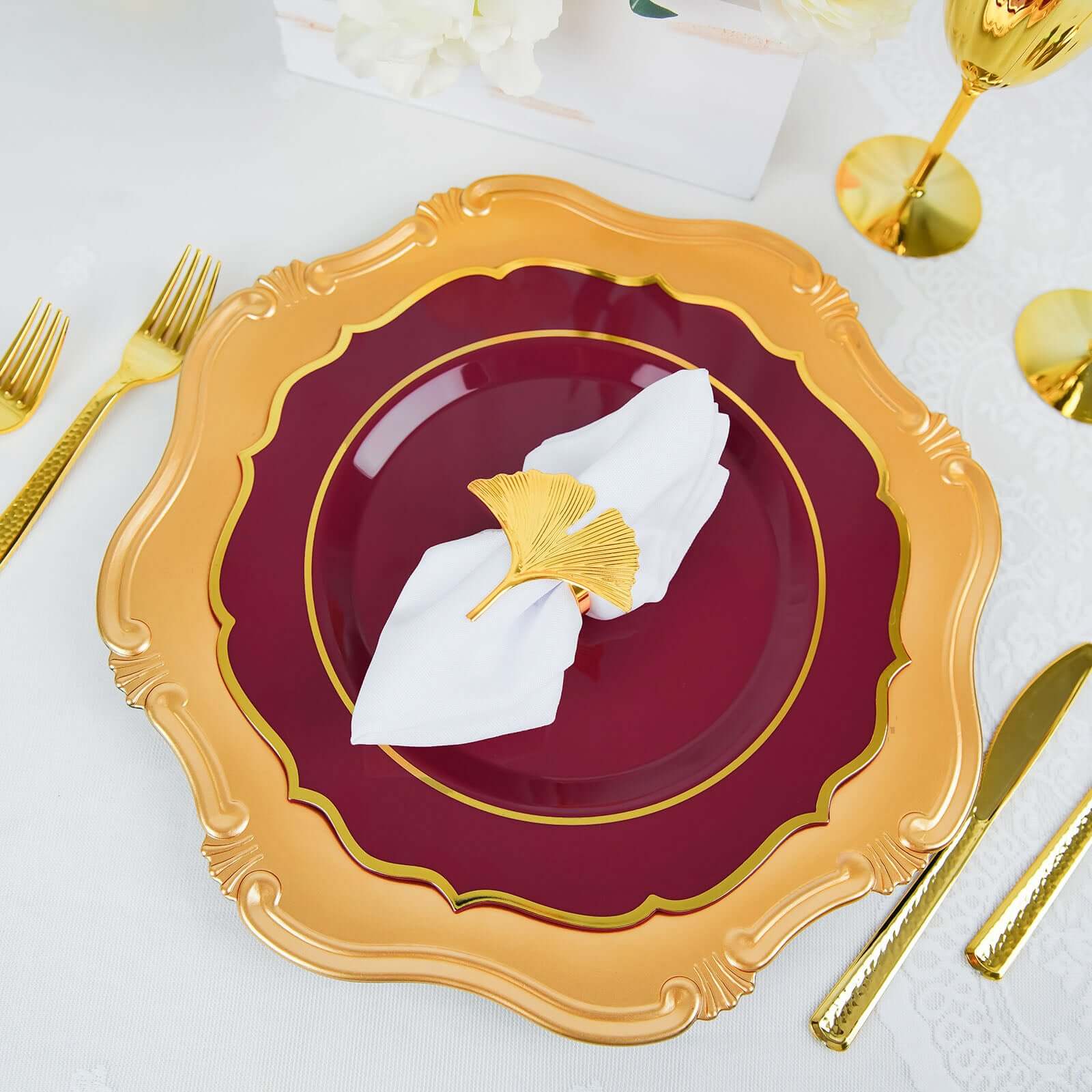 10-Pack Disposable Burgundy Plastic Round Dinner Plates with Gold Scalloped Rim - Ideal for Parties