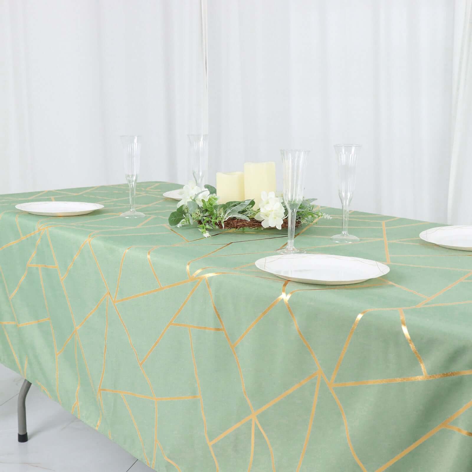 Hot Sale! Wrinkle-Resistant & Durable Polyester Rectangle Tablecloth in Sage Green with Gold Foil Geometric Design (60x102)
